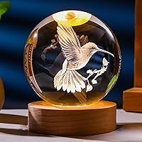 Precious Memorial 3D Hummingbird Crystal Ball 60mm - Color-Changing Night Light, Glass Figurine Decor, Birthday Gift Paperweight