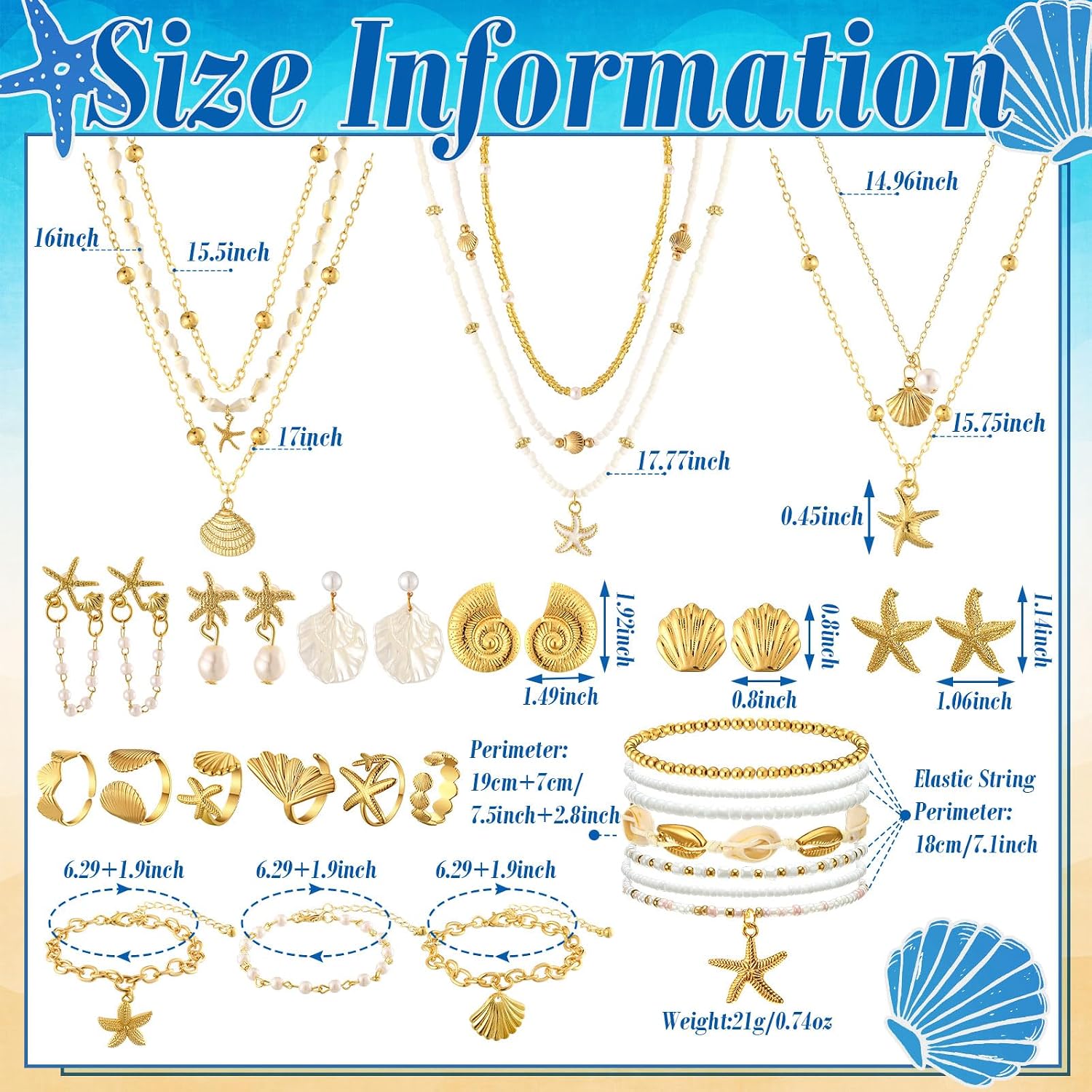 Tondiamo 23 Pcs Seashell Starfish Jewelry Set Boho Summer Beach Mermaid Accessories Layered Charm Necklace Earrings Studs Bracelets Rings for Women Holiday Vacation Wedding Party Gift