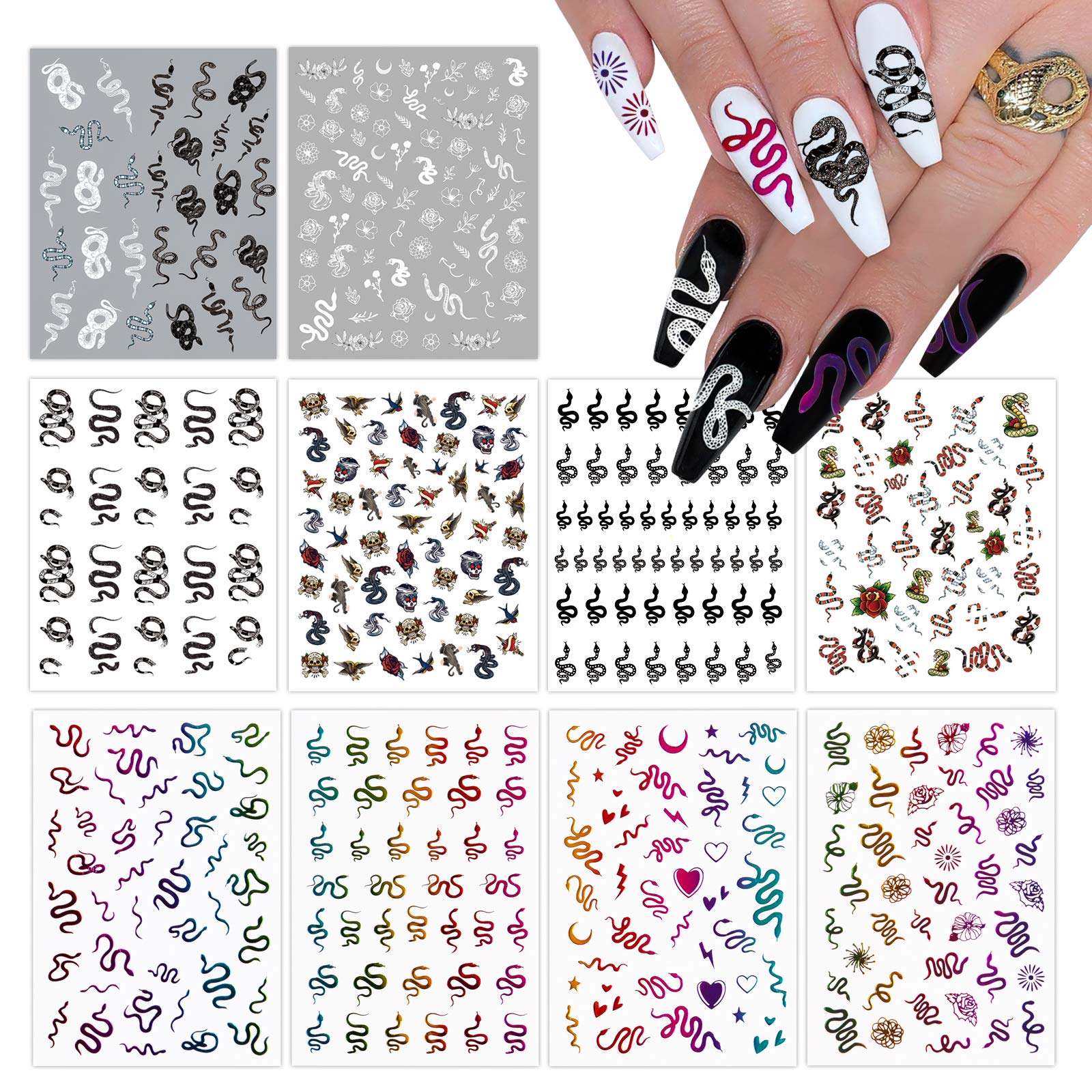 EBANKU 10 Sheets Snake Nail Art Stickers, 3D Laser Nail Self-Adhesive Hot Snake Pattern Nail Sticker Decals for Women Girls Nail Design Manicure DIY Decor Nail Art Accessories Decoration