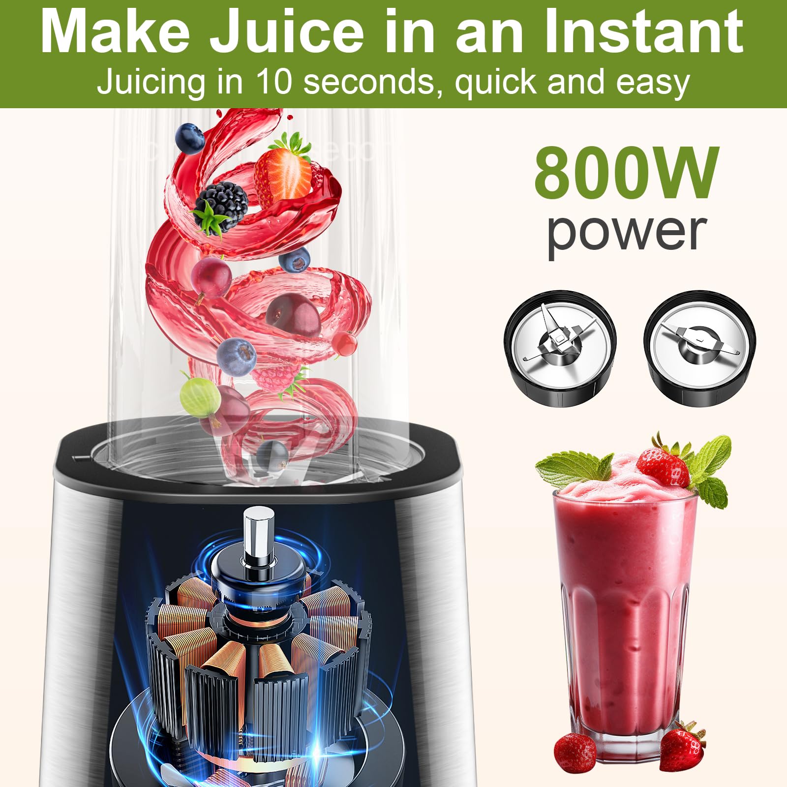 Batidora Smoothies, Apritsce 800W Multifunciónblender Smoothie Maker, 2 Botellas Portátiles Y 1 Molinillo, Sin BPA, Batidora Eléctrica, Licuadora Pequeña Para Helado, Frutas, Verduras, Nueces