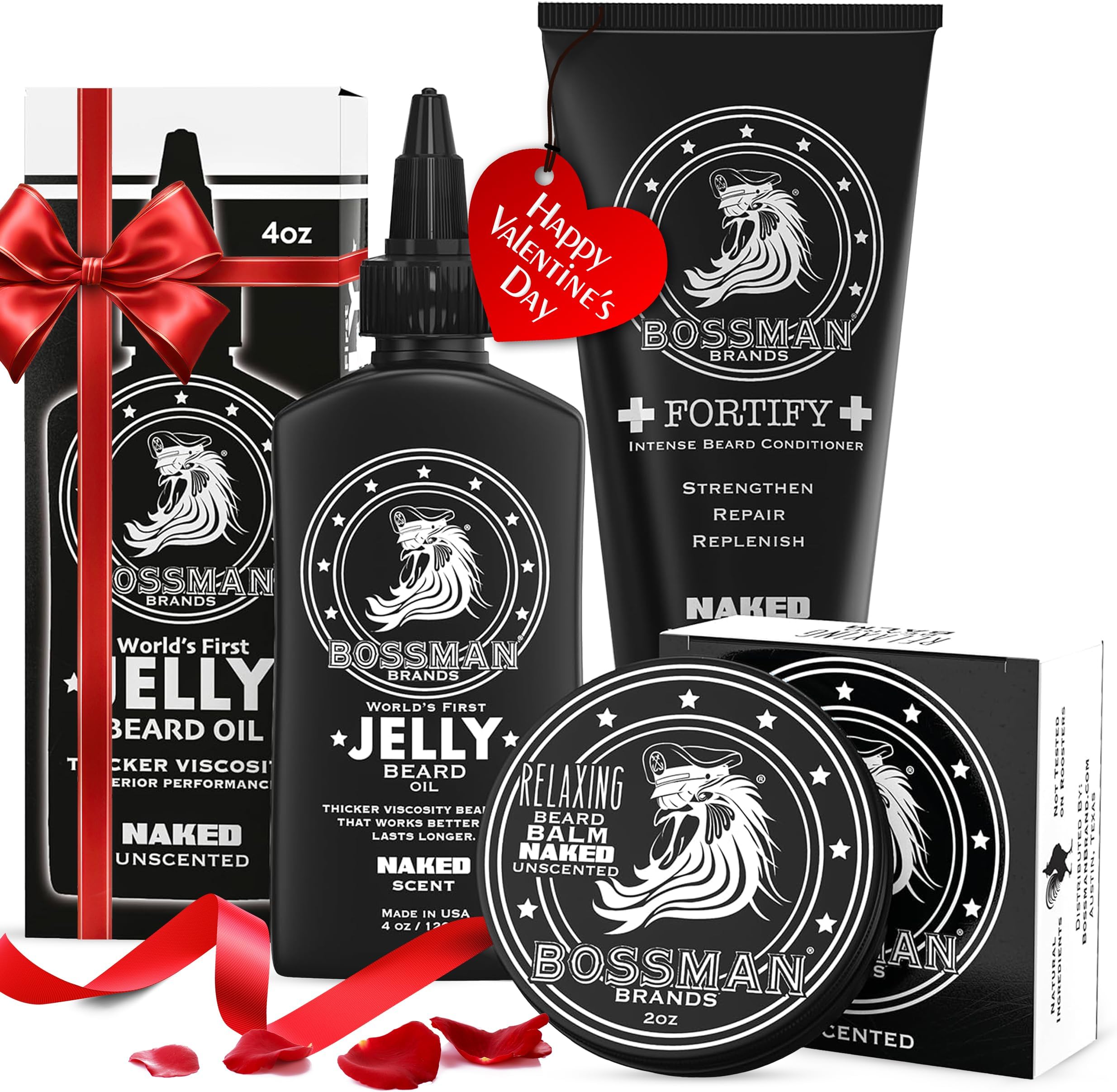 Bossman Essentials Beard Kit for Men, Set of 3 - Beard Oil Jelly, Fortifying Conditioner Cream, Beard Balm - Grooming Growth Care Accessories - Gift Set for Men (Naked - Unscented)