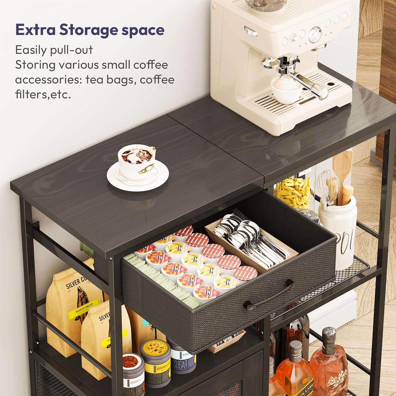 Close-up of the pull-out fabric drawer filled with coffee pods and spoons.
