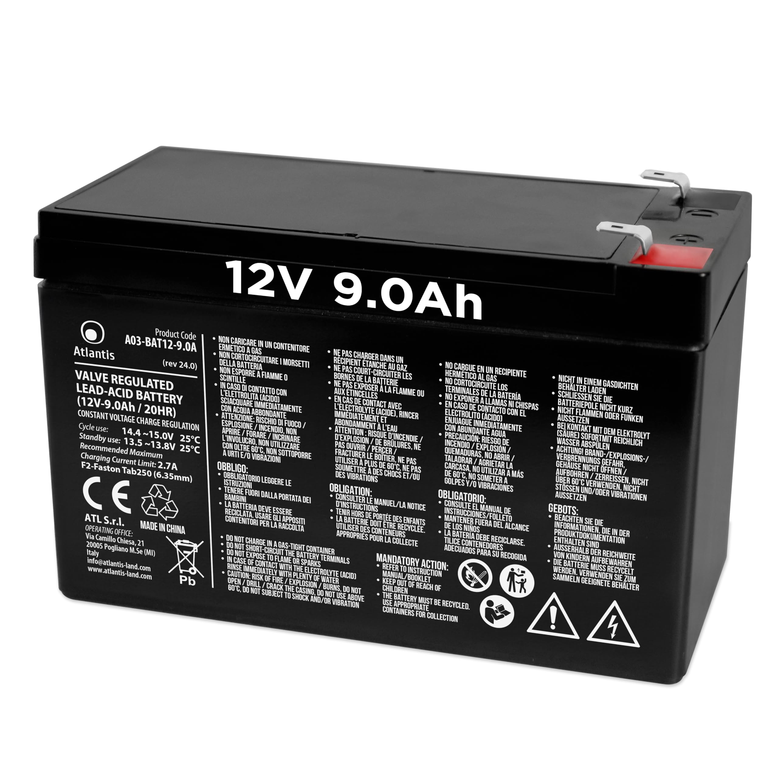 Atlantis batteria piombo 12v 9 ah ermetica (VRLA), adatta per UPS Gruppi di Continuità, Videosorveglianza, Sistemi di allarme, mobilità elettrica, giocattoli, attacco faston F2 6,​3mm, A03-​BAT12-​9.0A