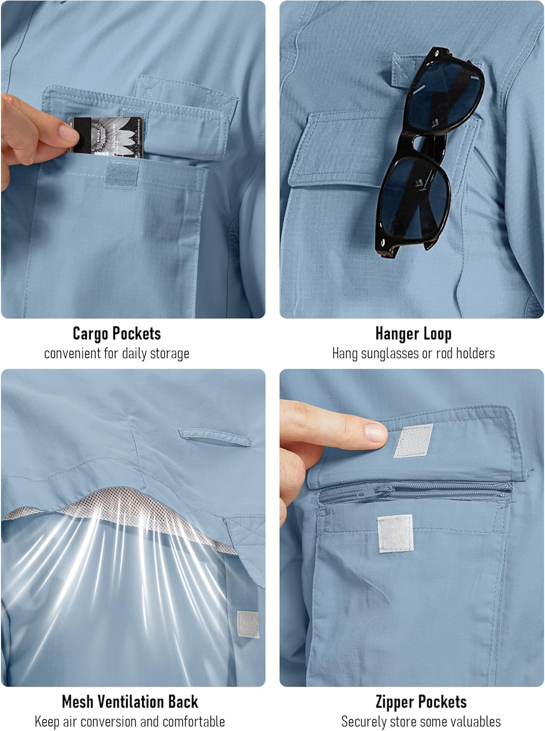 Mens UPF 50+ Sun Protection Short Sleeve Quick Dry Fishing Safari Hiking Shirt with Zipper Pocket Lightweight Cooling