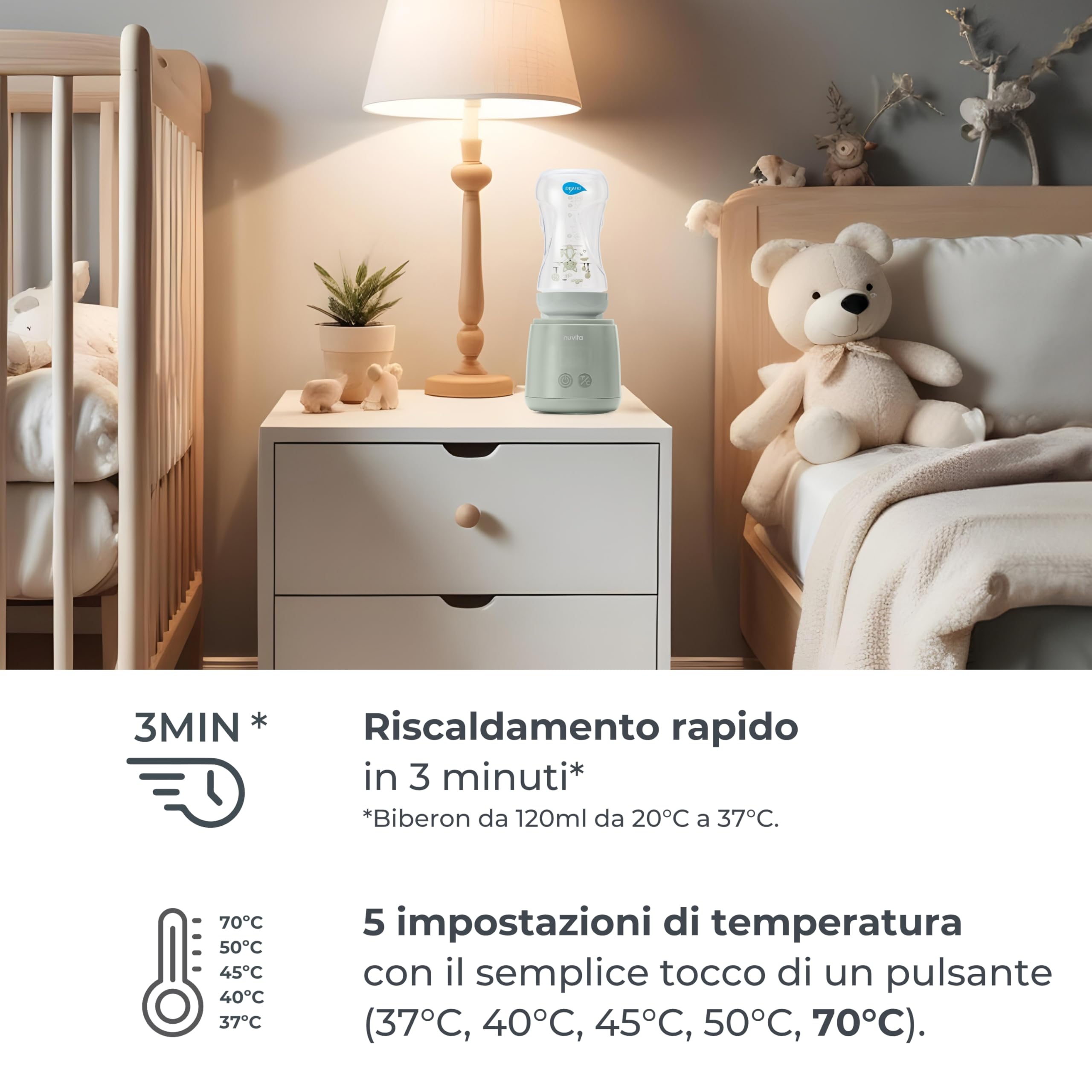 Nuvita 1164 Mix70 - Calentador de botellas portátil con función mezcladora, 5 temperaturas hasta 70 °C, universal con 6 adaptadores incluidos, batería recargable, pantalla LED, sin BPA