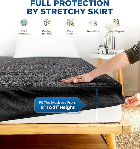 Miniatura 10 de Protector de colchón Queen 100 % impermeable, transpirable, refrescante, de tela de aire 3D, hipoalergénica, sin ruido, sin vinilo, bolsillo de 8 a