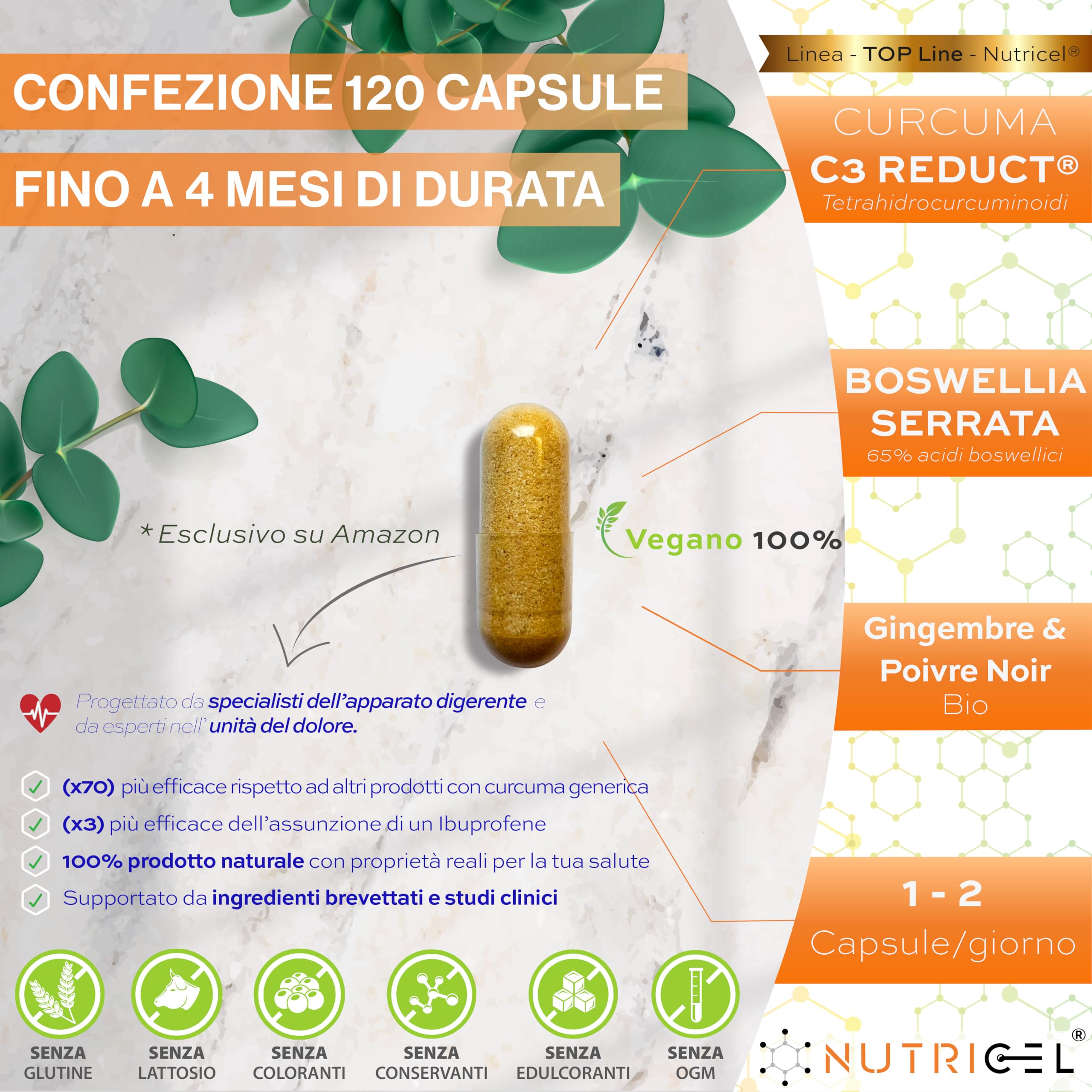 Curcuma Capsule C3 Reduct® brevettata con Estratto di Boswellia, Zenzero e Pepe Nero, Potente Antinfiammatorio e Antiossidante Naturale – Curcumina con studi clinici – Approvata EFSA | 120 Capsule