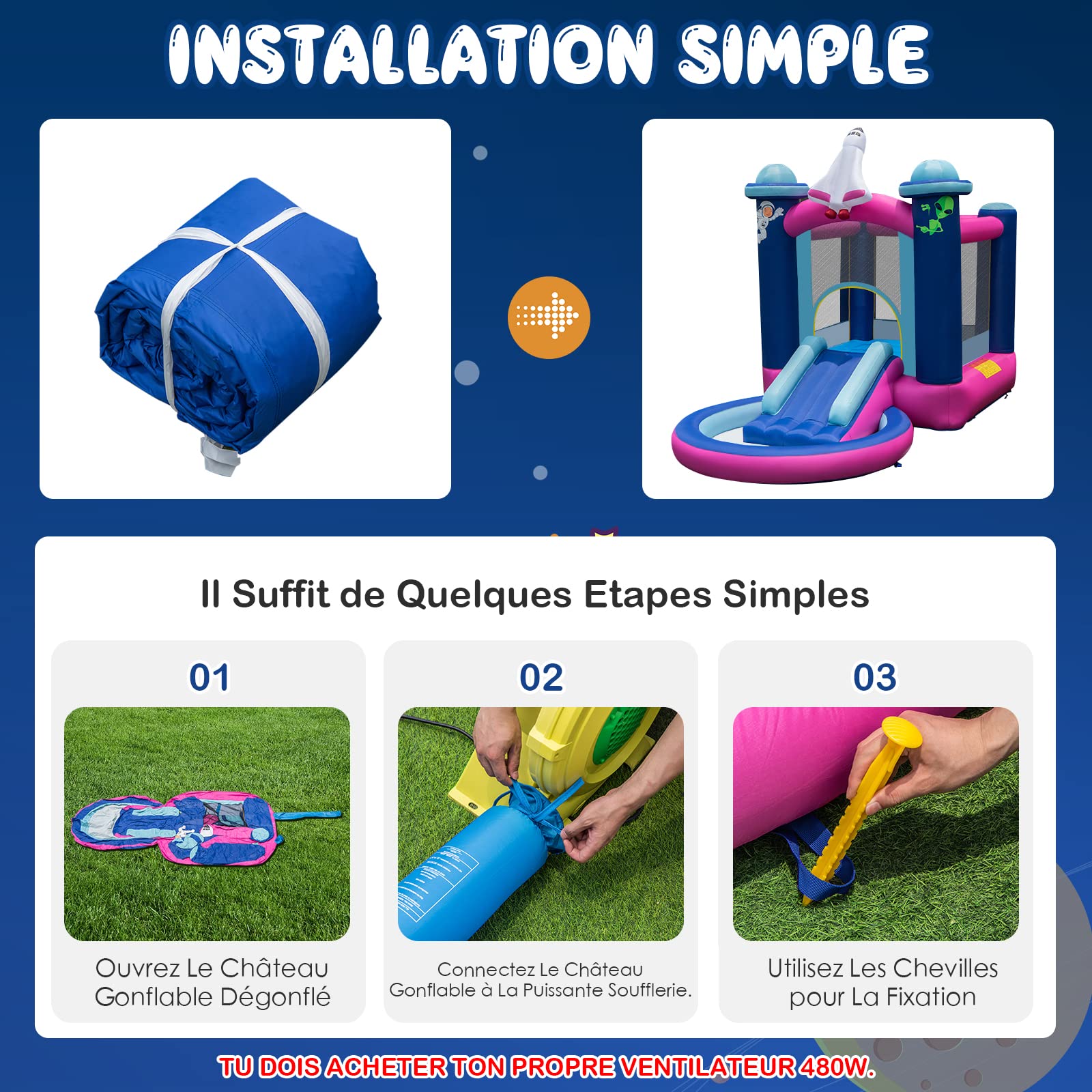 COSTWAY Château Gonflable avec Toboggan Aquatique, Aire de Jeux Gonflable Intérieur Extérieur avec Maison de Saut & Piscine, Thème de l'espace, Charge 130kg pour 3 Enfants de 3-10 Ans COSTWAY Château Gonflable avec Toboggan Aquatique, Aire de Jeux Gonflable Intérieur Extérieur avec Maison de Saut & Piscine, Thème de l'espace, Charge 130kg pour 3 Enfants de 3-10 Ans