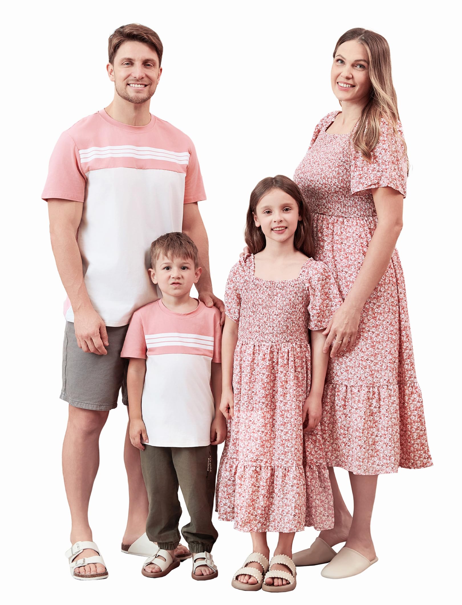 PATPAT Family Matching Outfits Boho Floral Print Square Neck Puff Sleeve Smocked Dress and Short Sleeve T-Shirts Matching Set