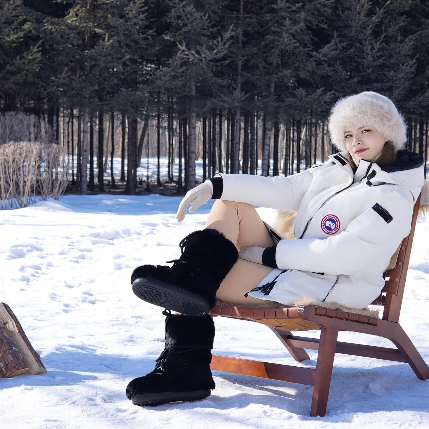 Black White Fur Boots, Furry Fuzzy Snow Boots for Women with Faux Fur Lined Non-Slip Lace-up Mid-Calf Ski Boots 2025