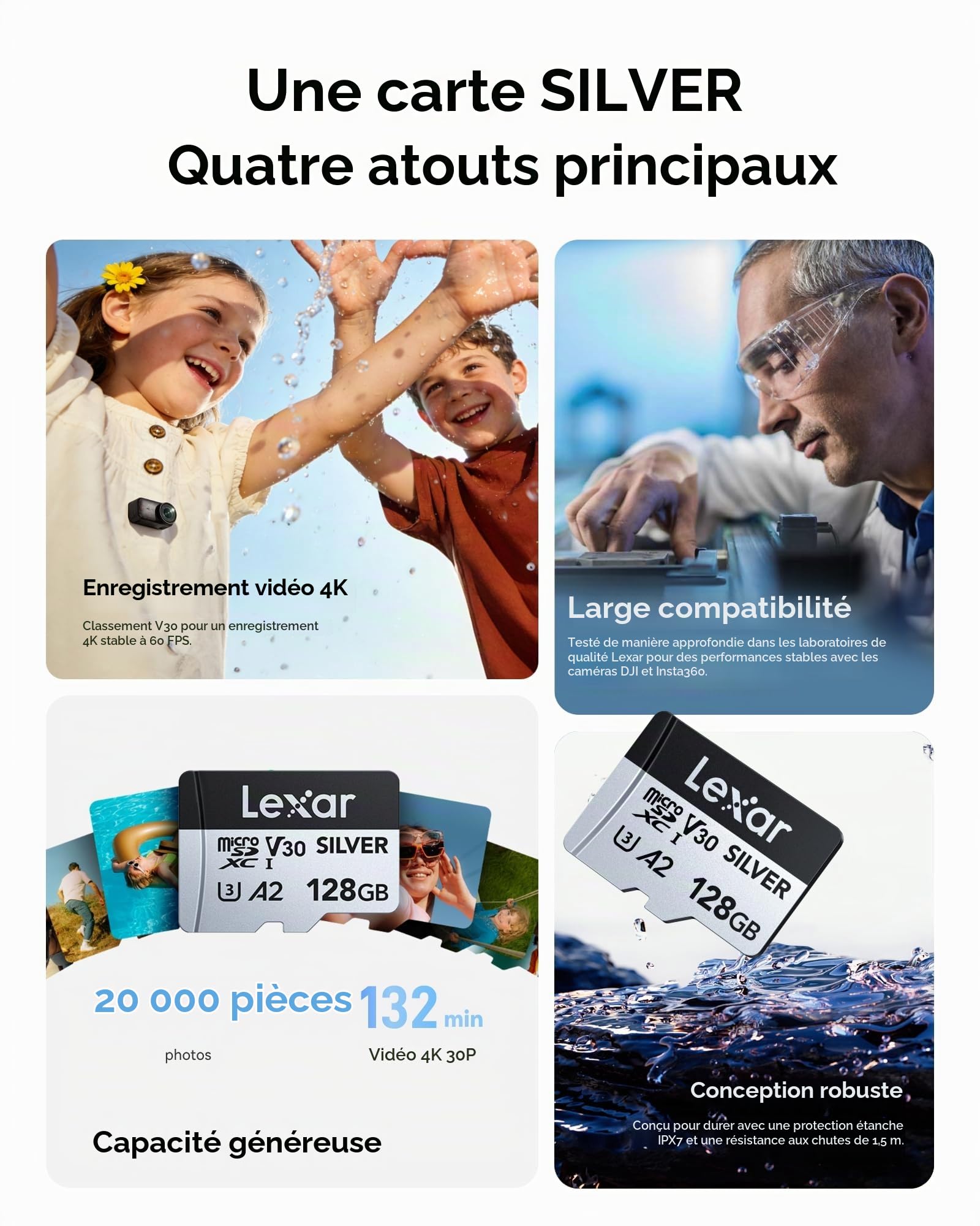 Lexar Silver Carte Micro SD 128 Go, jusqu'à 205 Mo/s en Lecture | Microsdxc Carte TF, 100 Mo/s en écriture, Carte Mémoire Micro SD+ Adaptateur, A2, U3, Classe 10, V30, Full HD et 4K UHD Video