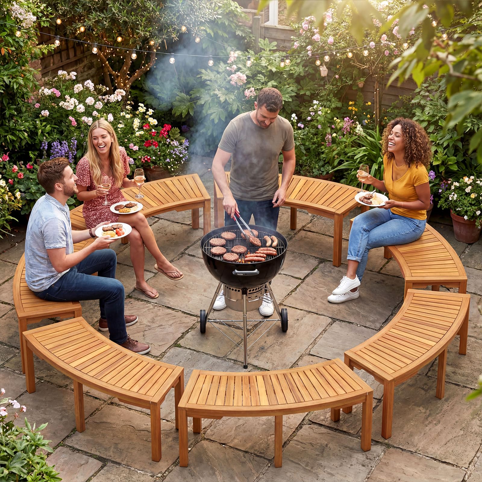 Amazon.com : Tangkula Outdoor Curved Bench, Acacia Wood Fire Pit