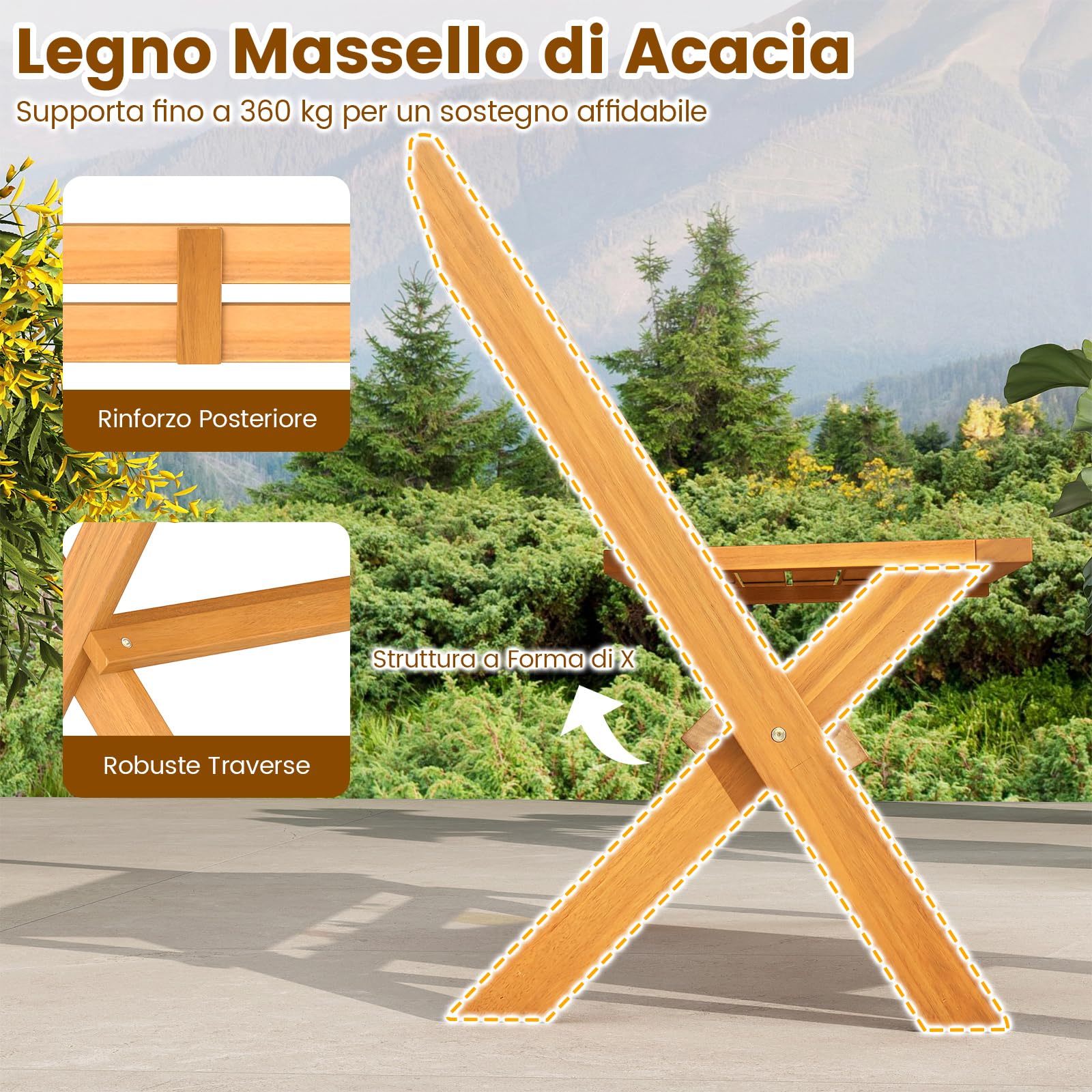 COSTWAY Panchina Pieghevole da Esterno, Panca da Giardino in Legno di Acacia per 2 Persone con Capacità di 360 kg, Panca da Esterno per Veranda, Balcone, Cortile e Parco