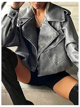 BEAUDRM Women's PU Leather Cropped Jacket Long Sleeve Lapel