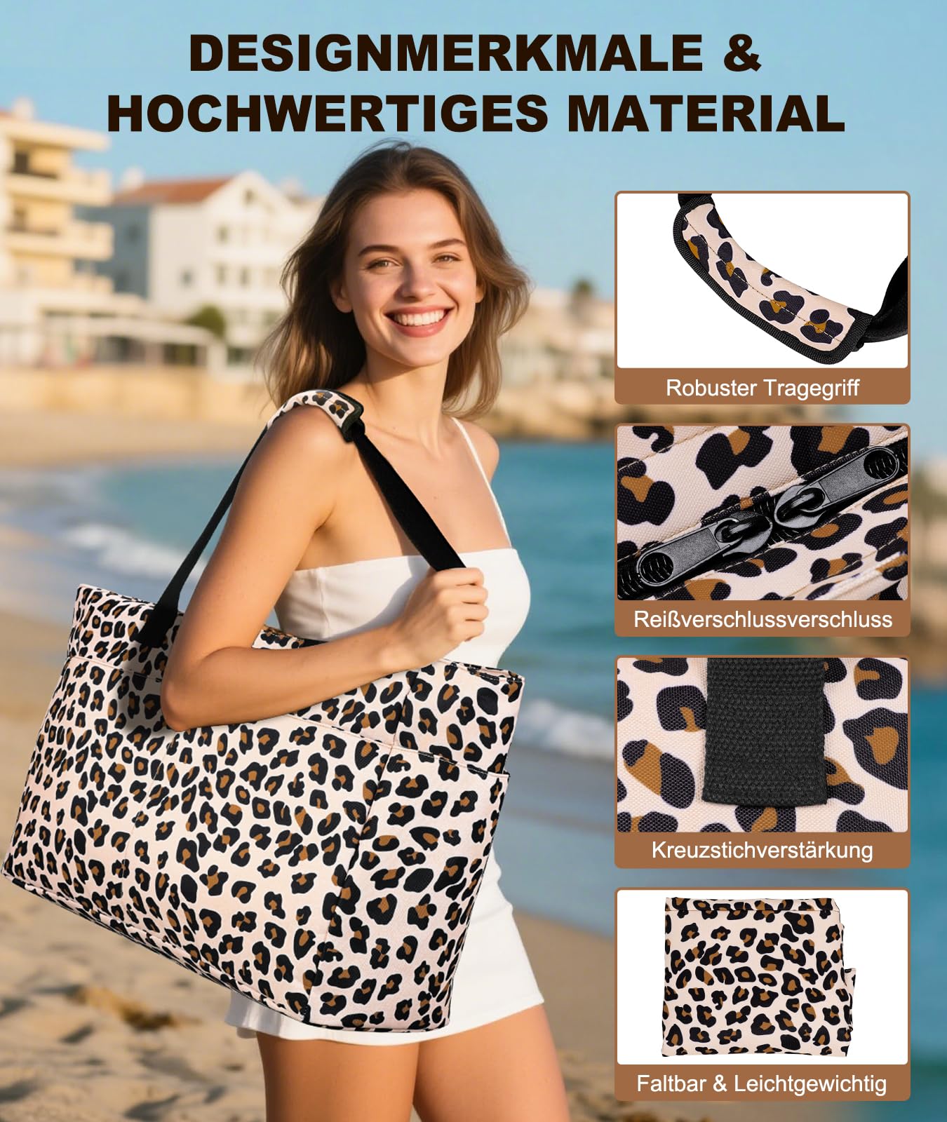 ISEYOU Strandtasche XXL Familie, Groß Strandtasche mit Reißverschluss Wasserdicht Sanddicht, Handtasche Umhängetasche Damen 45L, Faltbar Ultraleicht Badetasche für Urlaub Reisen Fitnessstudio Picknick