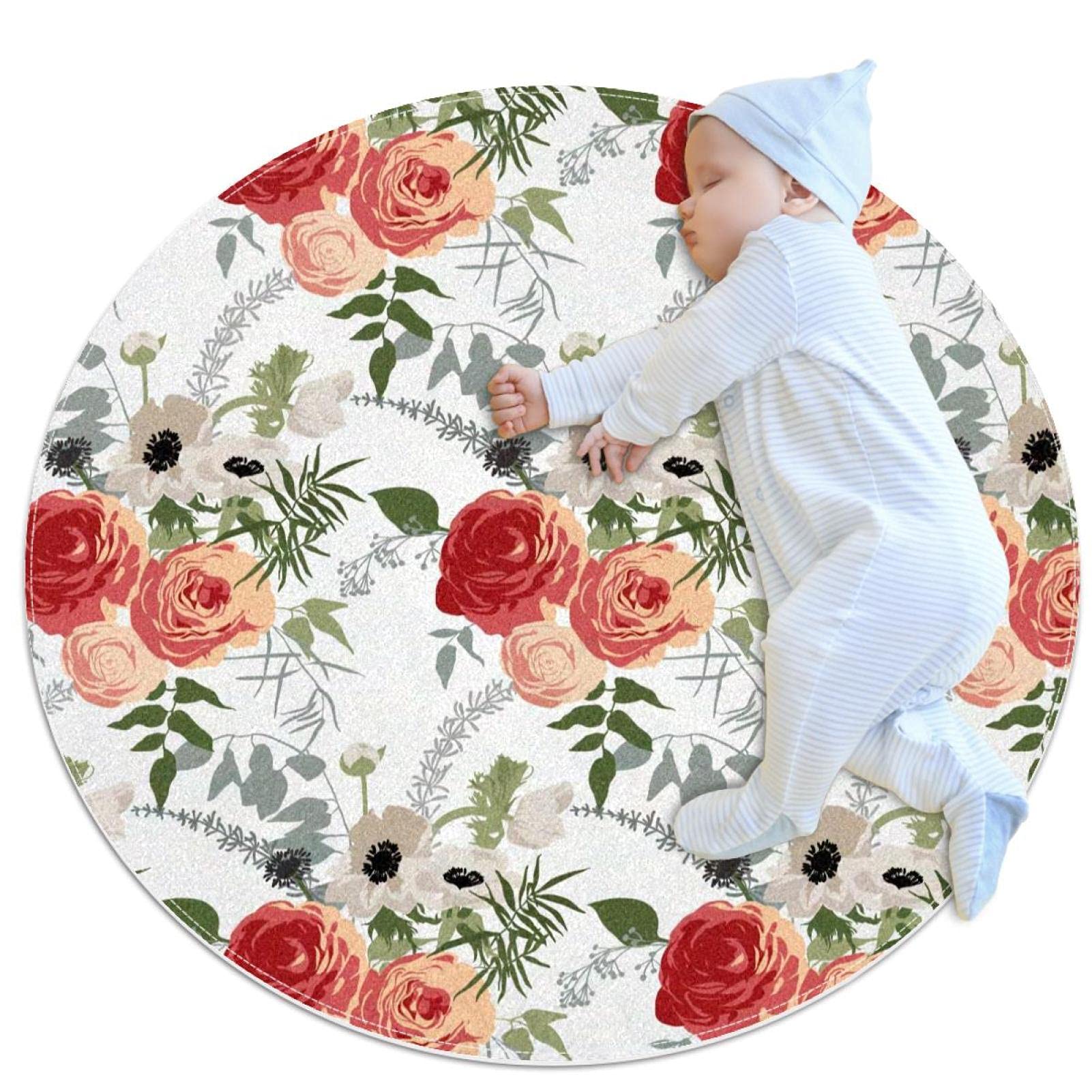 Tapis rond 80x80cm motif floral rose et rouge moderne antidérapant