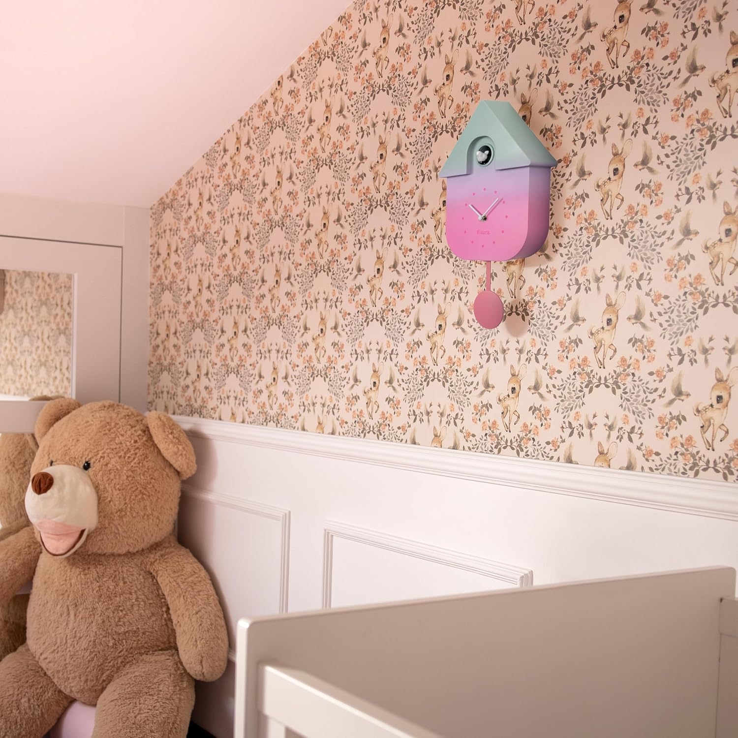 Fisura – Cuckoo Wall Clock with Color. Unique Analog Timepiece with Pendulum in ABS Plastic, Decorative Gift idea for Home. 8,5 x 3,1 x 16,3 inches. 3 AA Batteries (not Included). (Gradient)