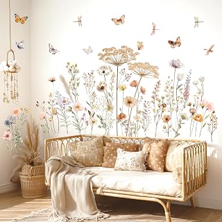 DECOWALL SG2-2513 Boho Wild Flower Wall Decals Botanical Peel and Stick Removable Stickers with Butterflies and Dragonflies for Living Room Bedroom Nursery Playroom Home Decoration Art Mural