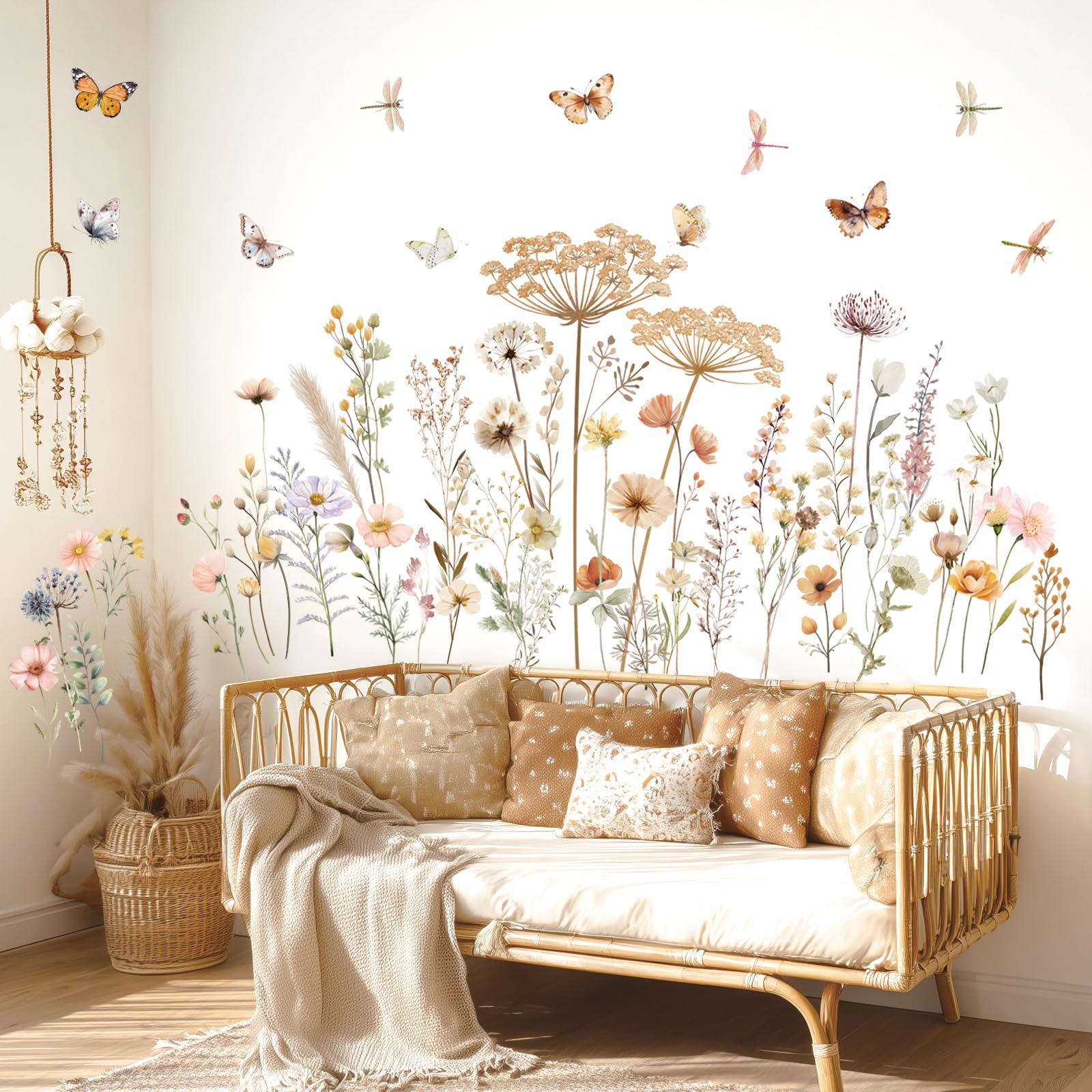 DECOWALL Boho Garden Flower Wall Stickers Wildflower Floral Grass Peel and Stick Wall Art Wall Decals for Living Room Bedroom Home Decor TV Office Wall (SG2-2513)