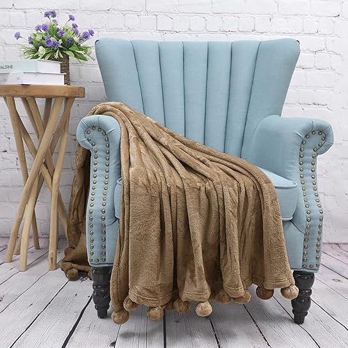 Miniatura 9 de BYTIDE Manta con pompones para sofá, manta de franela de vellón con borlas de flecos de pompones, manta afelpada, acogedora, cálida, suave, ligera