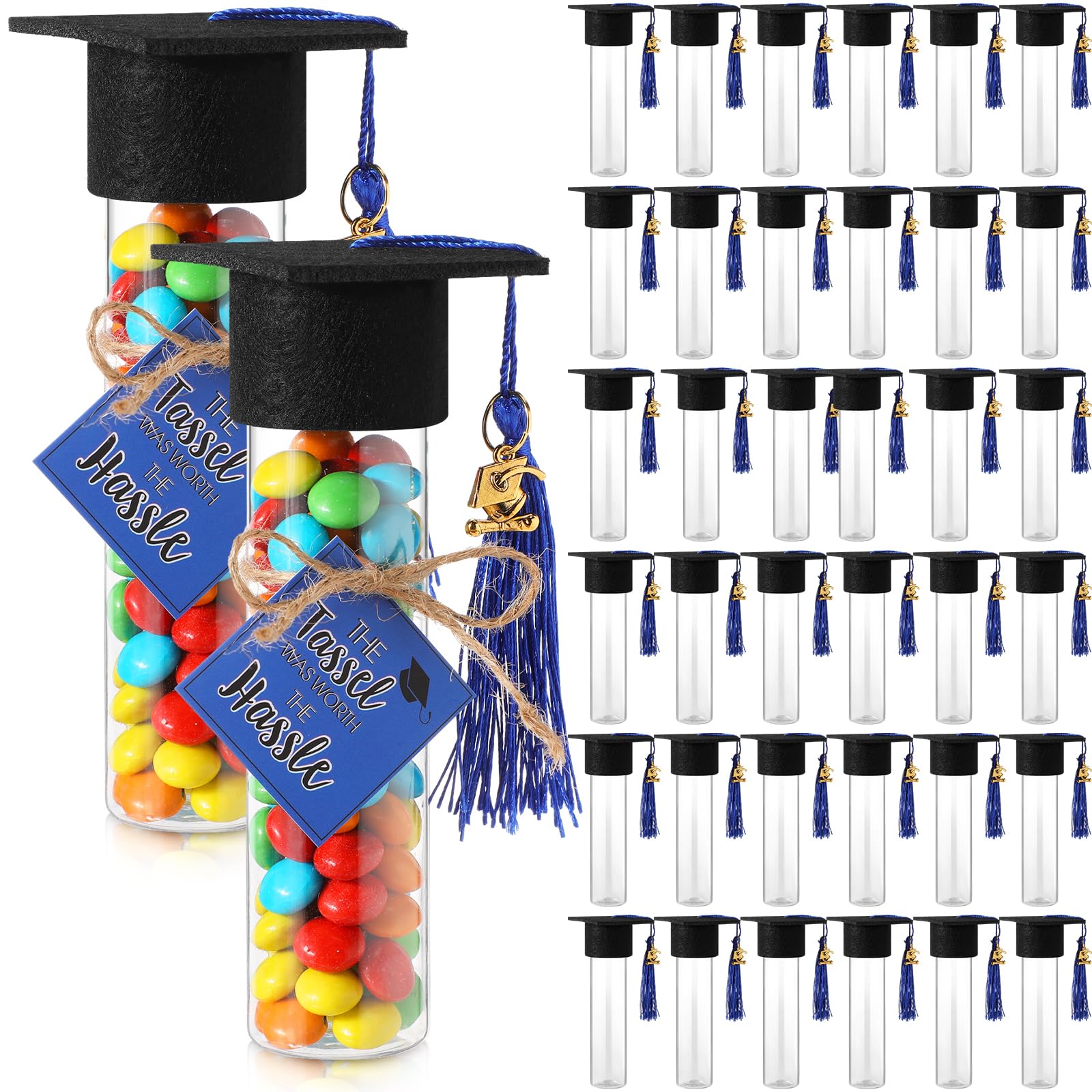 Photo 1 of Willinglong 30 Set 2026 Graduation Candy Tubes Jars Set 100 ml Fillable Clear Plastic Gumball Container with Cap with Tassel and Cards for DIY 2026 Graduation Party Favors(Blue)
