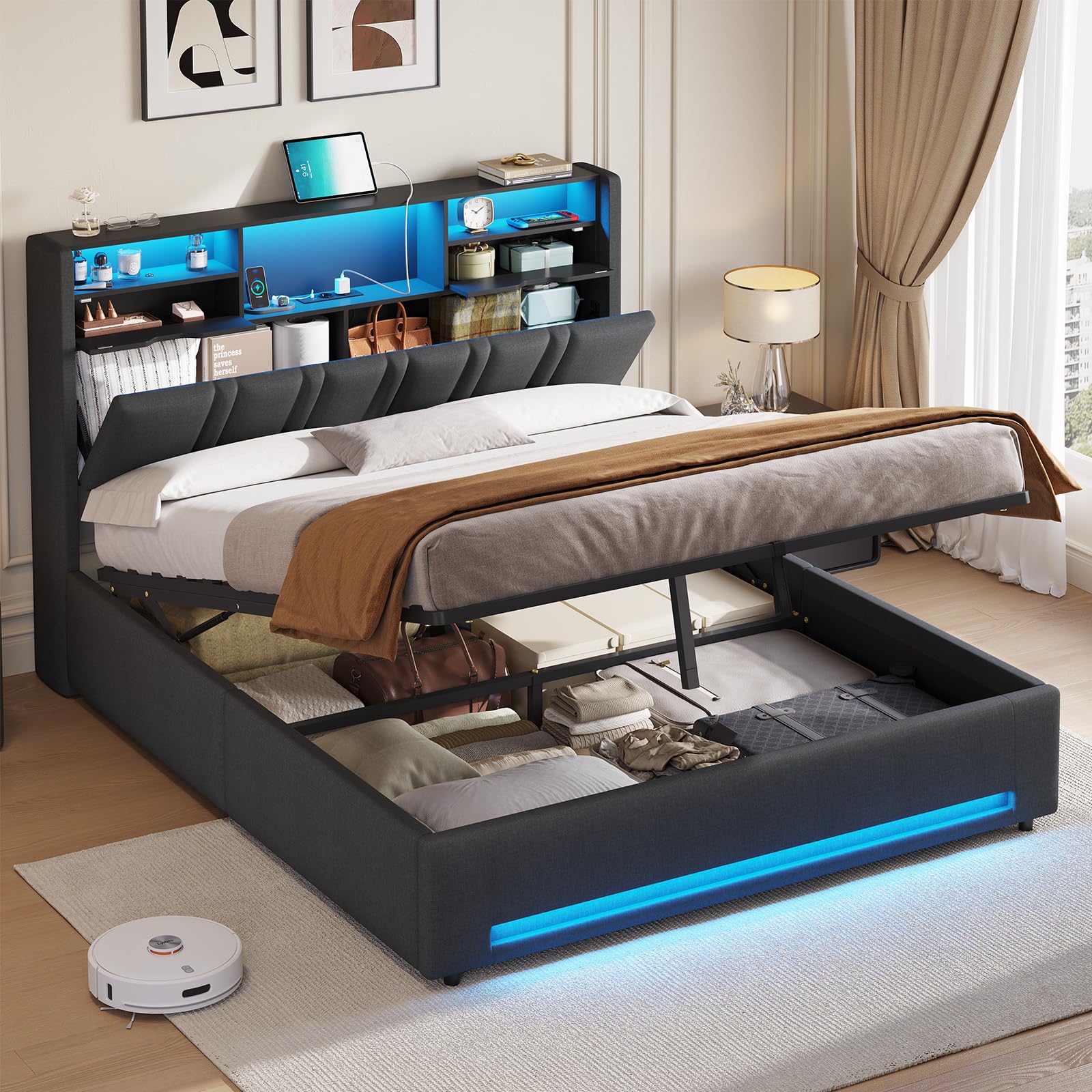 DICTAC Bett 160x200 Grau mit LED und USB-C – Polsterbett mit Bettkasten, Hydraulik, Stauraum 30cm, inkl. Lattenrost, gepolstertes Kopfteil mit Ladestation, Doppelbett für Erwachsene