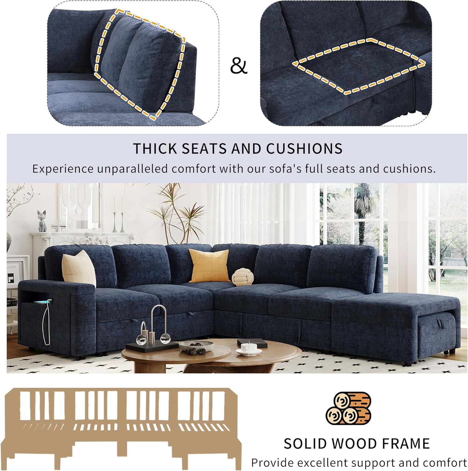 Ball & Cast 91" L-Shaped Modular Padded Cloud Sectional Fabric Sofa Set with Pull Out Bed, Convertible Sectional Couches w/Storage Space and USB Ports & Cup Holders on The Armrests,Blue