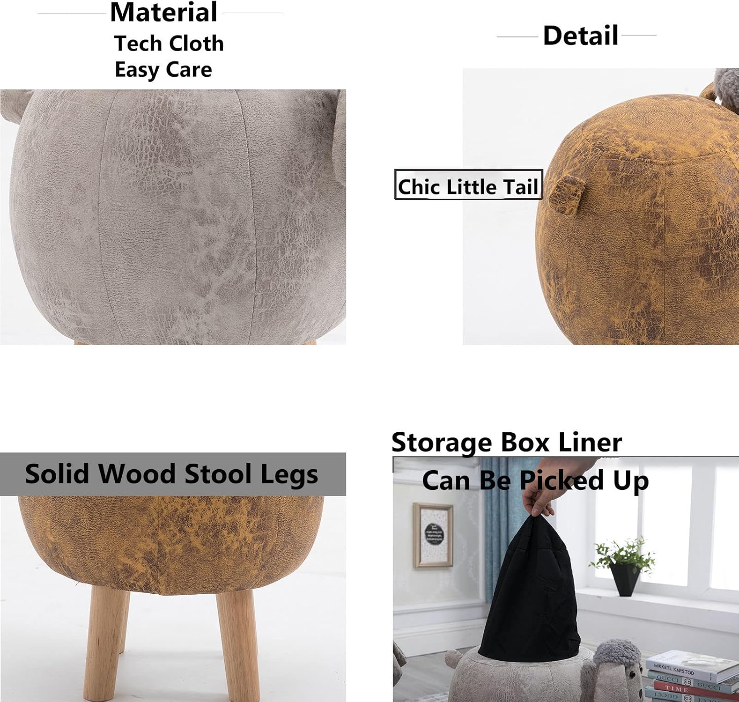 Detailed view of the footstool showing the material, a chic little tail, solid wood stool legs, and a removable storage box liner.