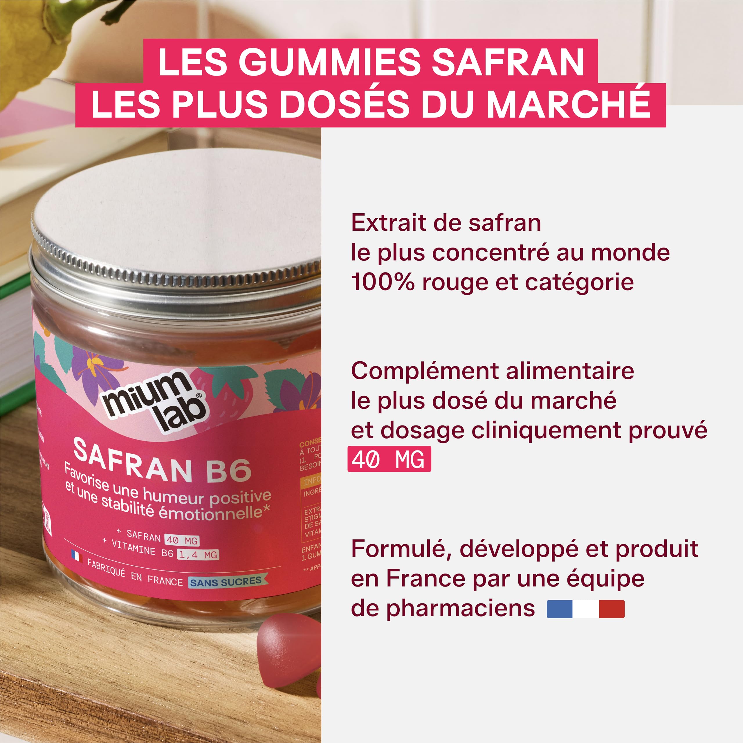 Mium Lab - Gummies Safran Hautement dosé (40mg) et Vit B6 sans sucres - Enfants et Adultes - Formule exclusive - Programme 3 à 6 semaines - Saveur Fraise - Fabriqué en France
