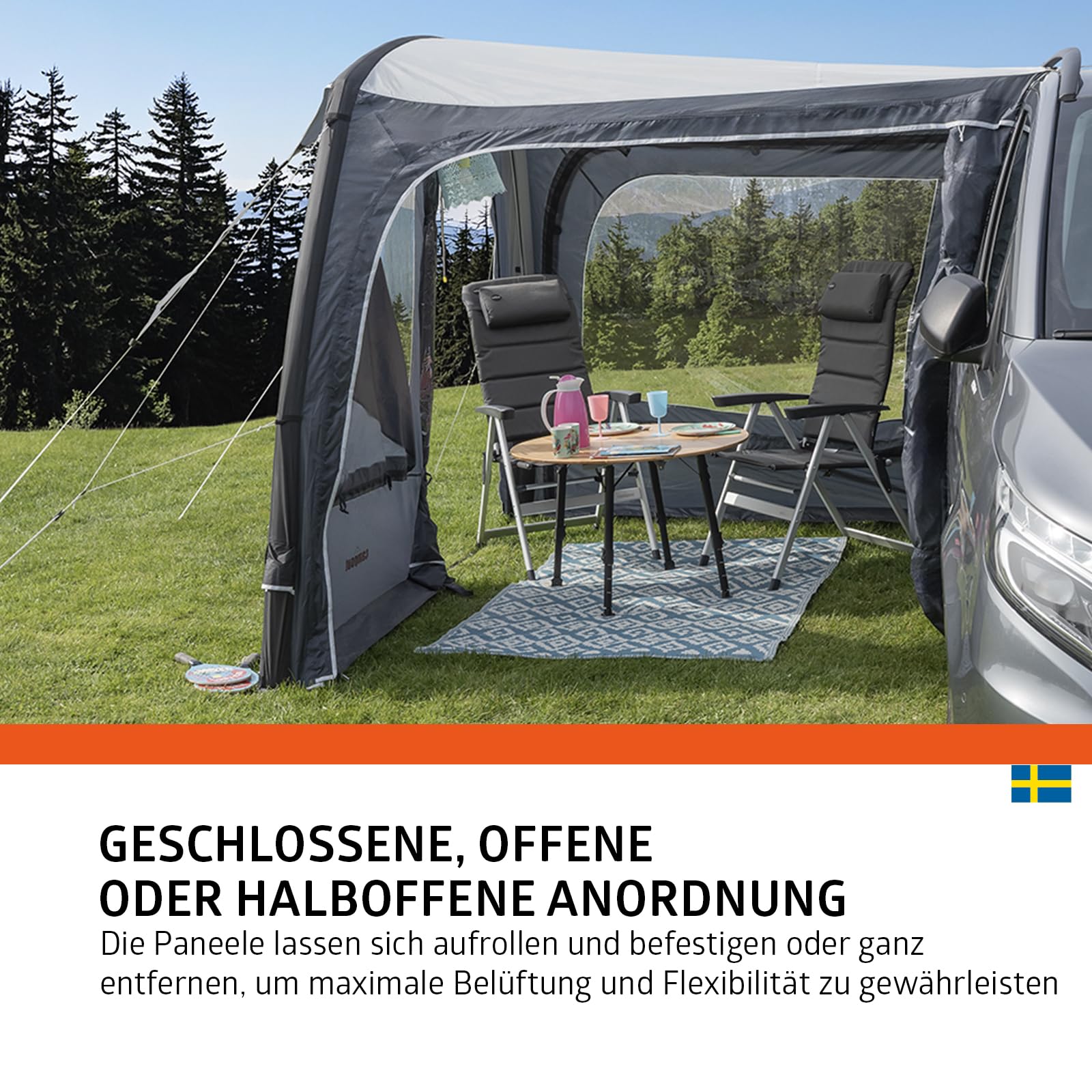 Campout Aufblasbares Busvorzelt für Campervan – 300 x 210 cm – 3000 mm Wassersäule – Anbauhöhe 180-210 cm – Aufbau in 15 Min – Inkl. Pumpe & Sturmabspannleinen