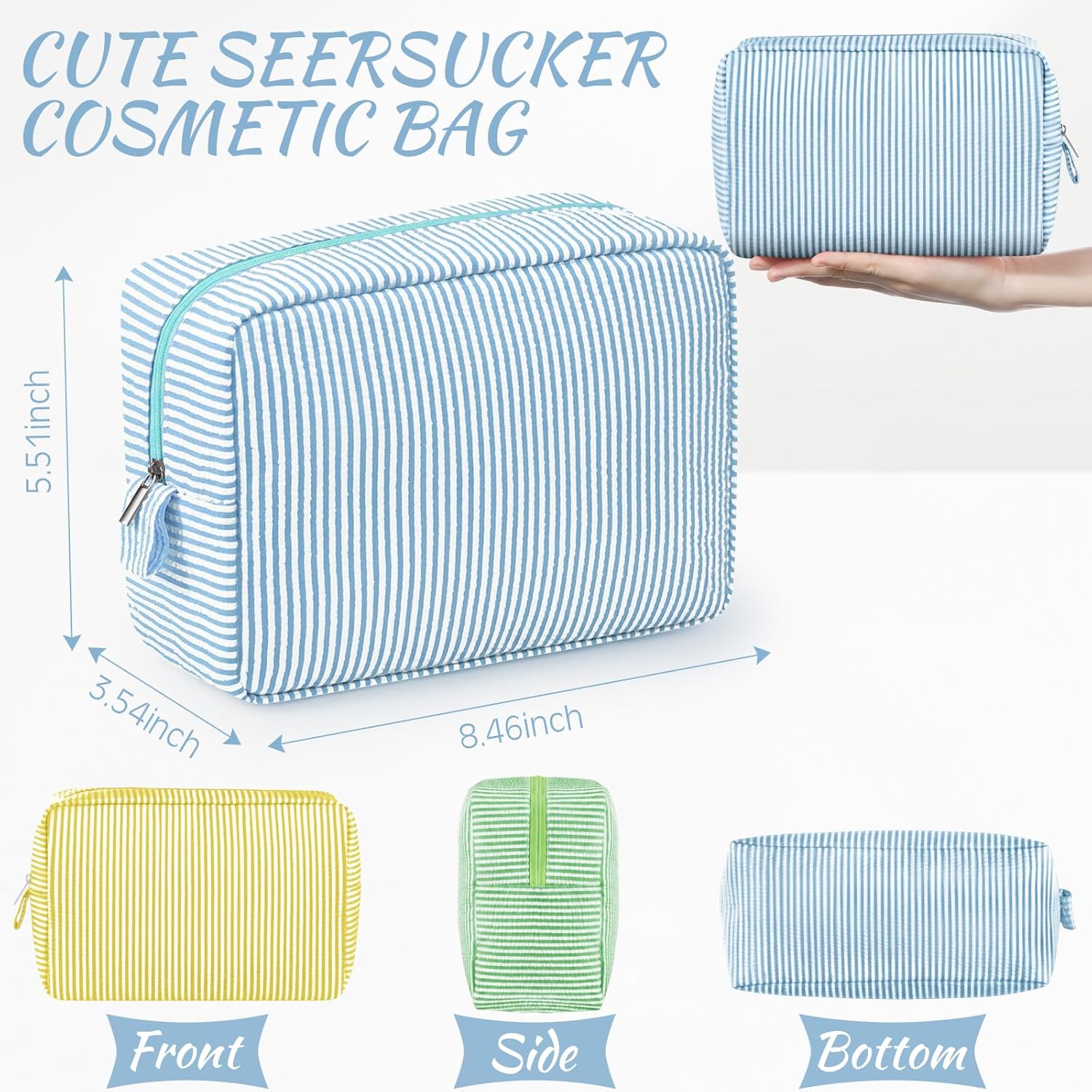 Sanwuta 3 Pcs Seersucker Makeup Bags Seersucker Cosmetic Bags Striped Women Large Travel Toiletry Organizer Preppy Storage Pouch for Embroidery Wedding Bridesmaid Gifts(Yellow, Green, Lake Blue) - Image 2