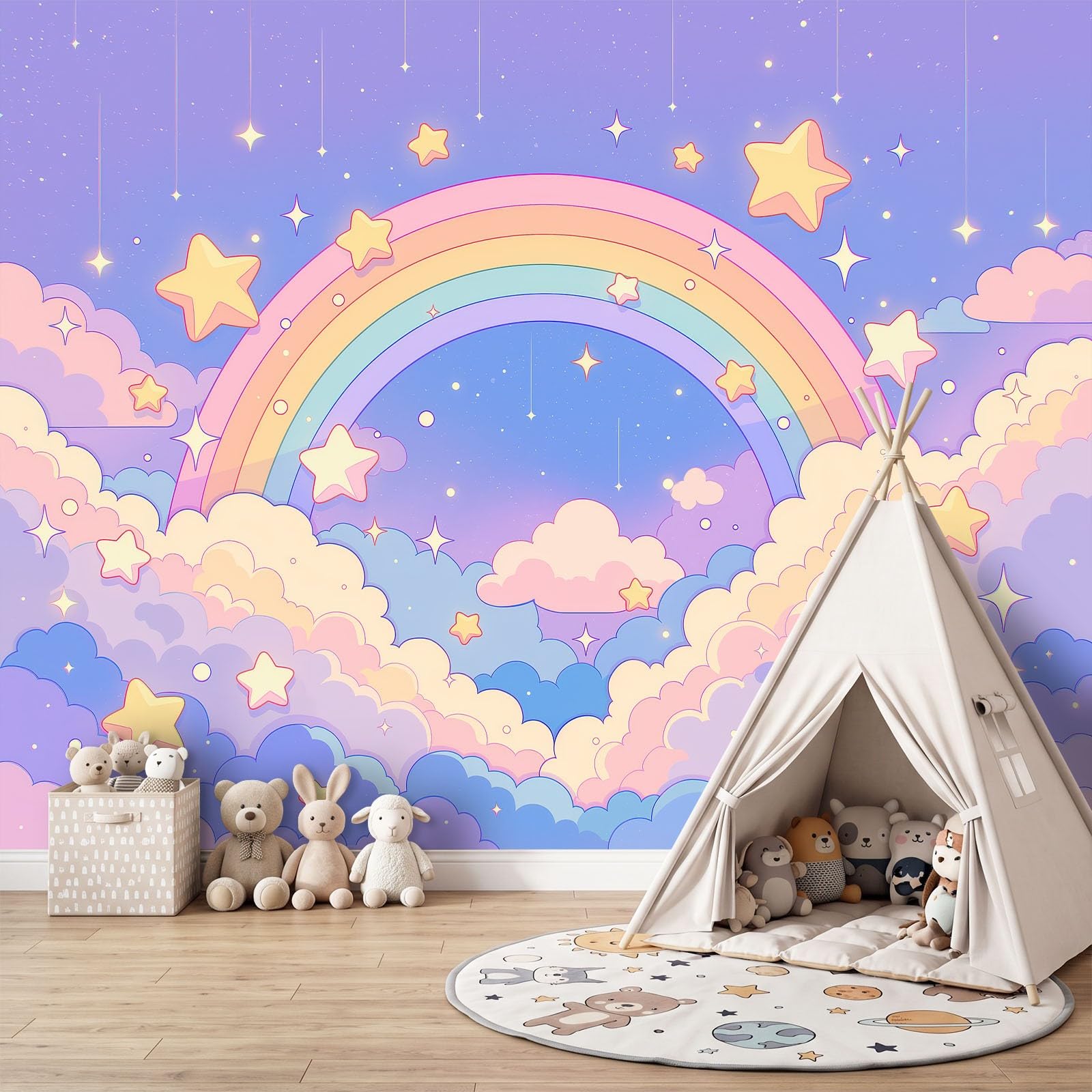 Tapeta 3D panoramiczny obraz ścienny 250 x 175 cm Cartoon Fantasy Himmel Regenbogen tapeta gobelin panoramiczny plakat salon dekoracja ścienna do pokoju dziecięcego, pudrowy niebieski
