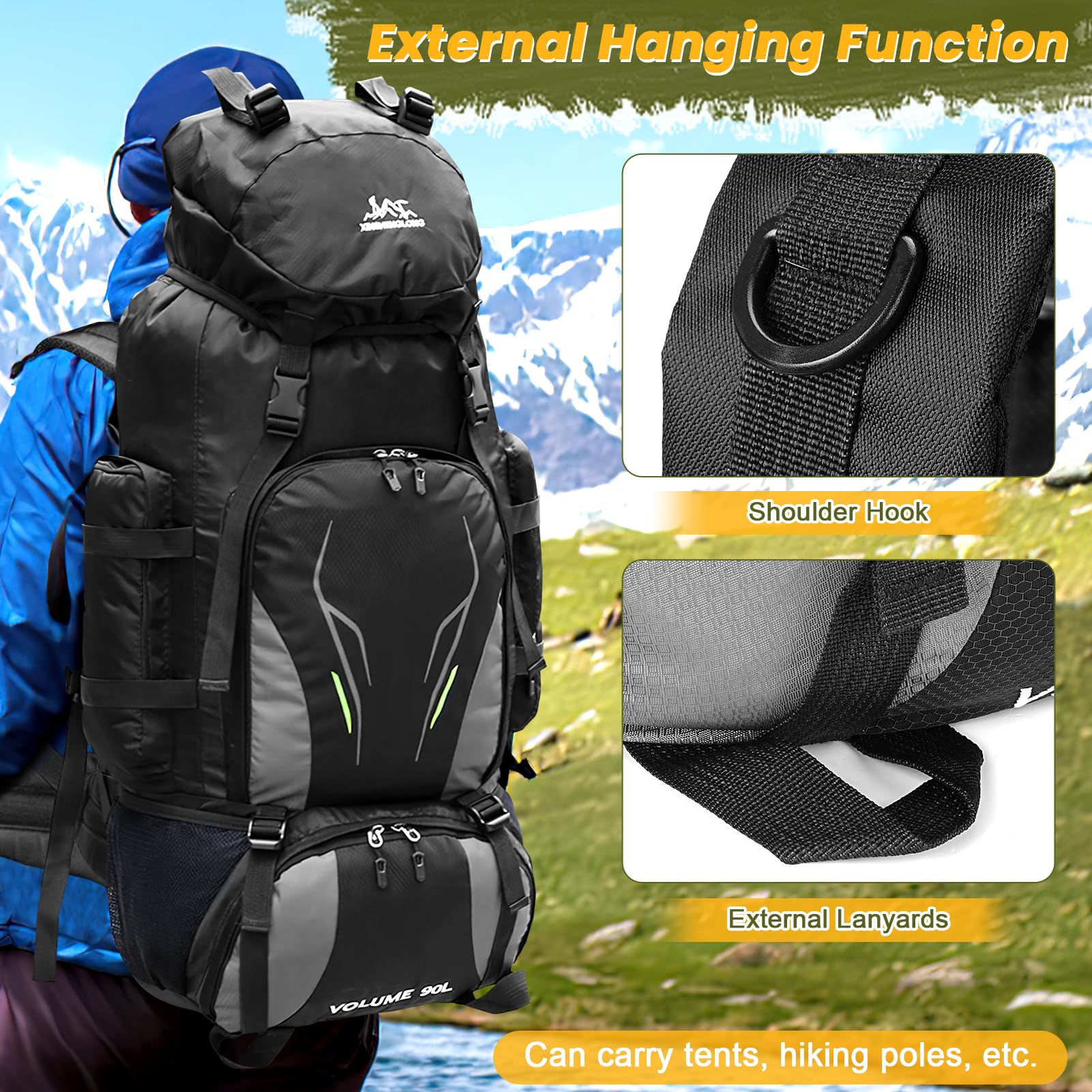 90L Sac à Dos de Randonnée, Sac à Dos Trekking pour Homme et Femme Camping Sac à Dos Léger et Imperméable Sac à Dos Grande Capacité Multifonction pour Escalade Trekking Camping (Noir)