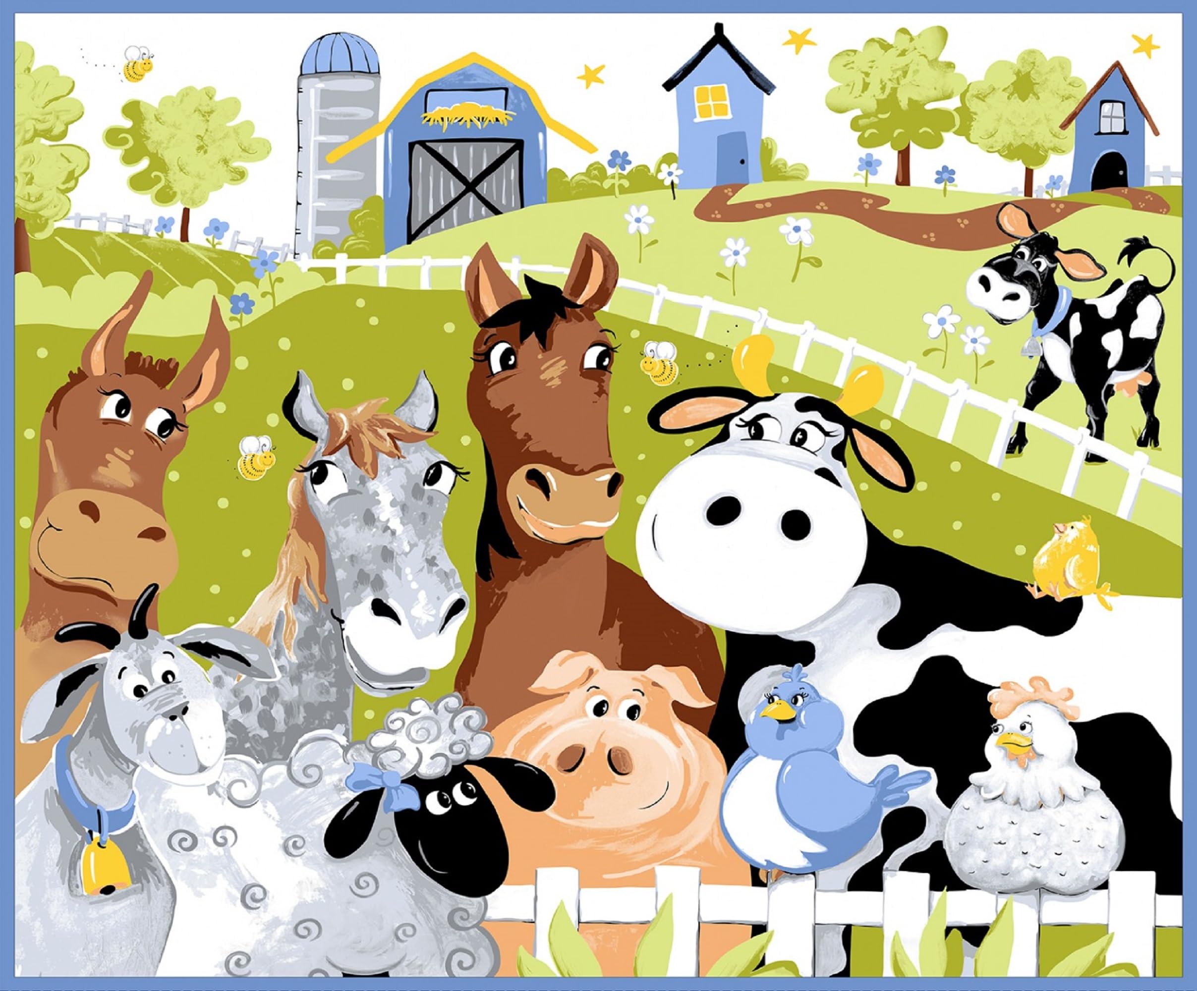 Generic Susybee's Barnyard Blues Panel Print Cotton Fabric, Blue