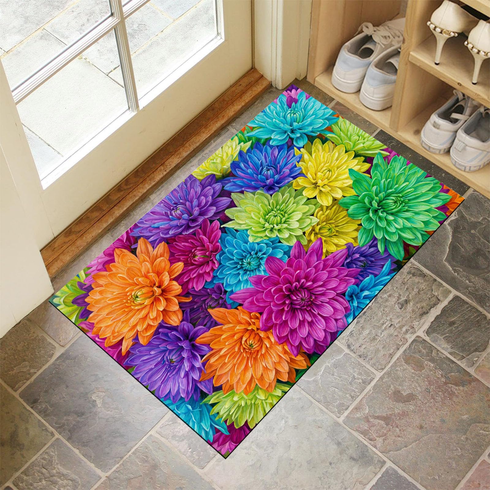80X120Cm Zerbino Ingresso Interno Antiscivolo Assorbente, Tappeto In Microfibra Sottile Lavabile Con Dalie Rurali Multicolori Piante Arcobaleno Da Sogno Per Cucina Bagno Porta E Animali, Verde Viola