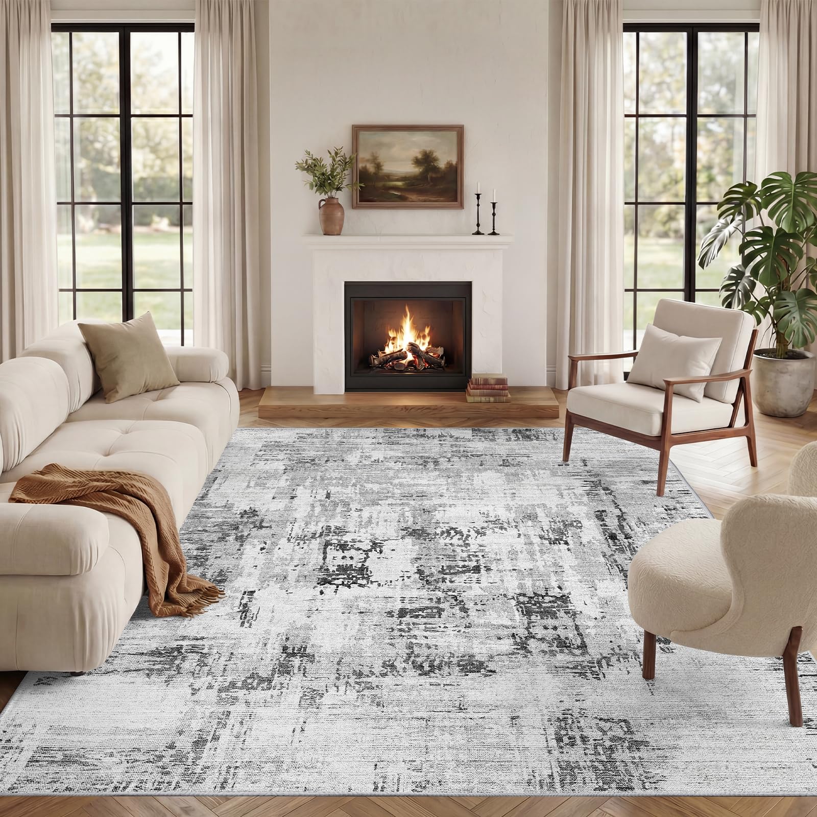 Vamcheer Alfombra de Salón 160 × 230 cm, Pelo Corto, Antideslizante Lavable | Alfombra Moderna Abstracta de Imitación Cachemira, Suave, para Sala de Estar, Dormitorio, Comedor y Pasillo, Gris