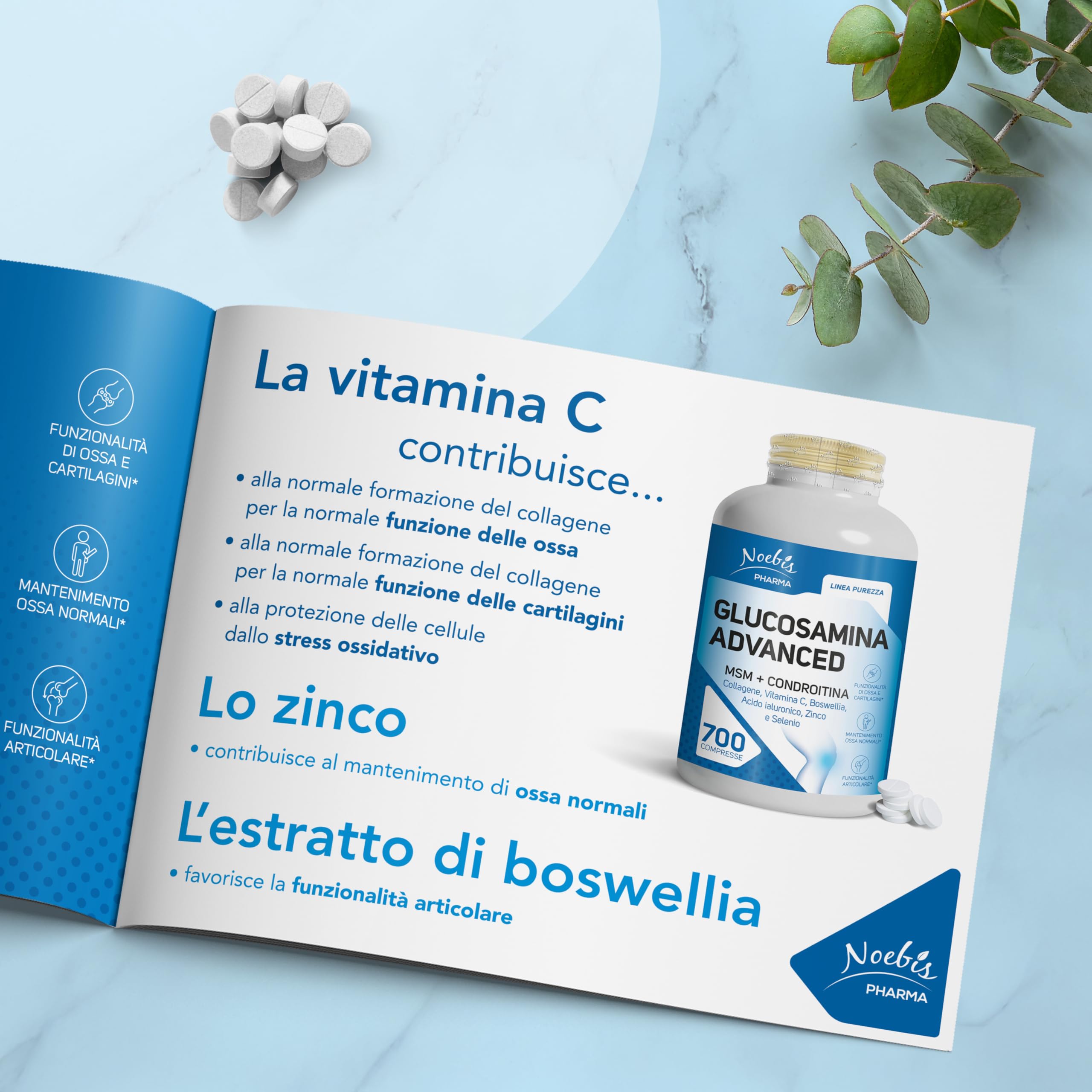 Glucosamina Advanced Noebis Pharma - Glucosamina, MSM, Condroitina, Collagene, Acido Ialuronico e Boswellia - 700 Compresse - Benessere Articolare
