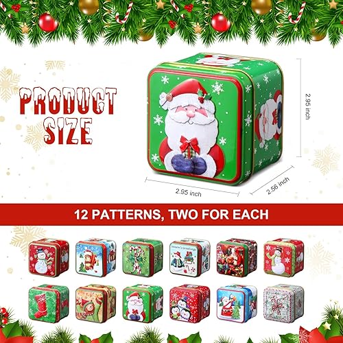 Miniatura 2 de Juego de 24 latas de galletas de Navidad con tapas, 12 estilos, cuadradas, caja pequeña de metal para caramelos, mini cajas de dulces de hojalata
