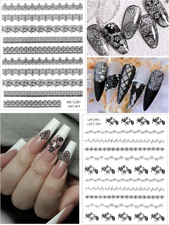 EBANKU 9 Sheets Lace Nail Art Stickers, Black Lace Flower Design