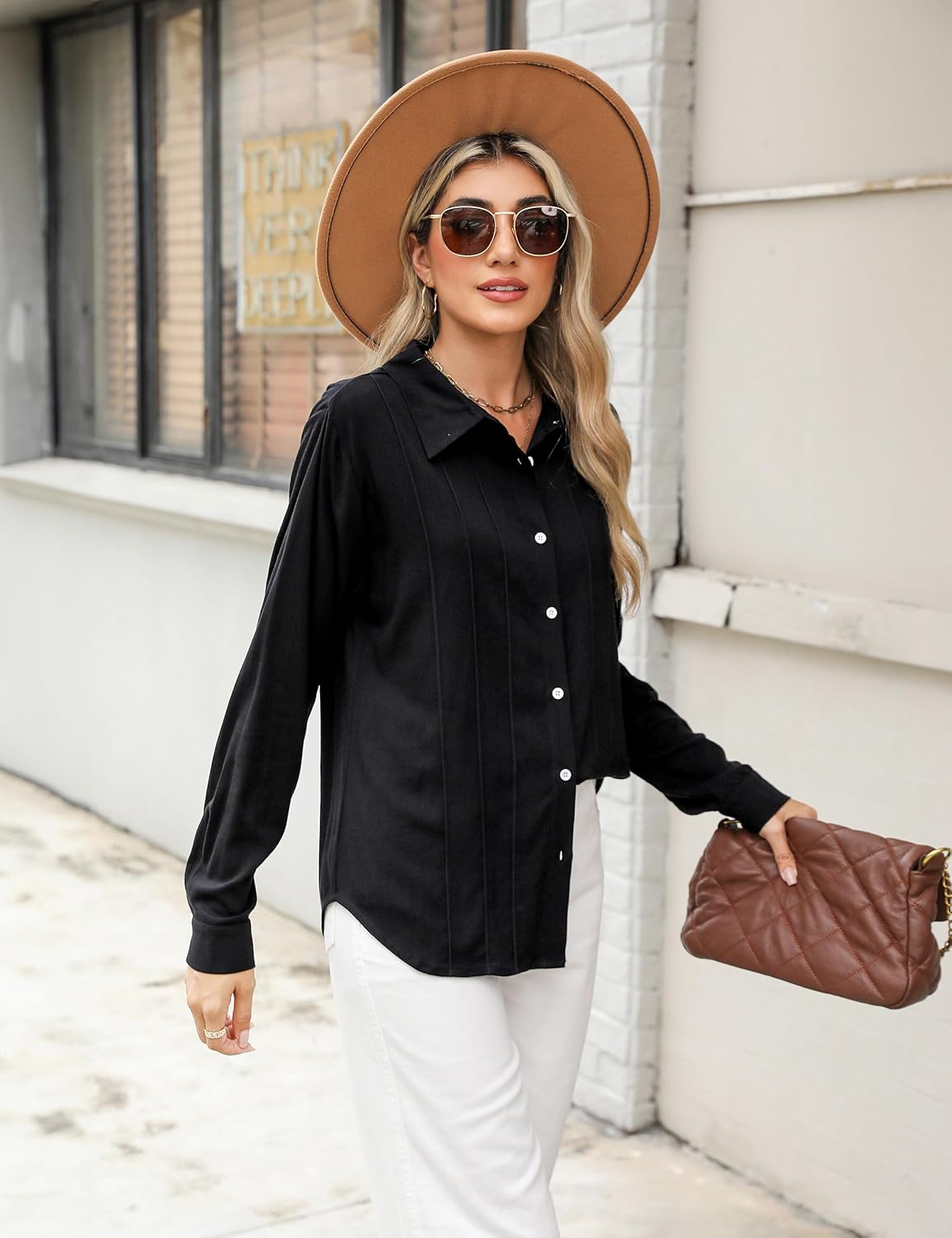 Blooming Jelly Women's Button Down Shirts Linen Long Sleeve Tops Business Casual Outfits Fall Pleated Trendy Blouses - Image 4