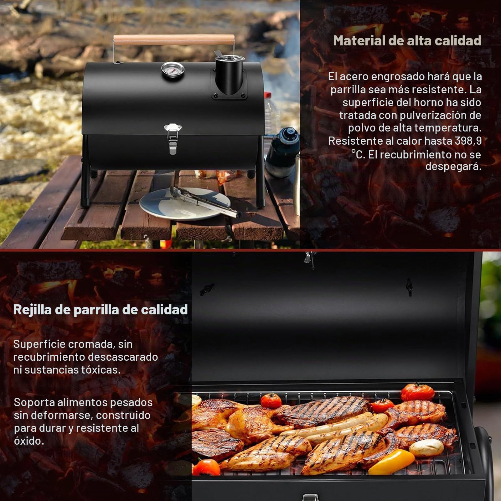 Barbacoa de carbón vegetal portátil para camping, barbacoa de carbón con tapa, pequeña barbacoa de mesa con termómetro, suministro de aire ajustable y cantidad de aire de escape, para cocinar al aire