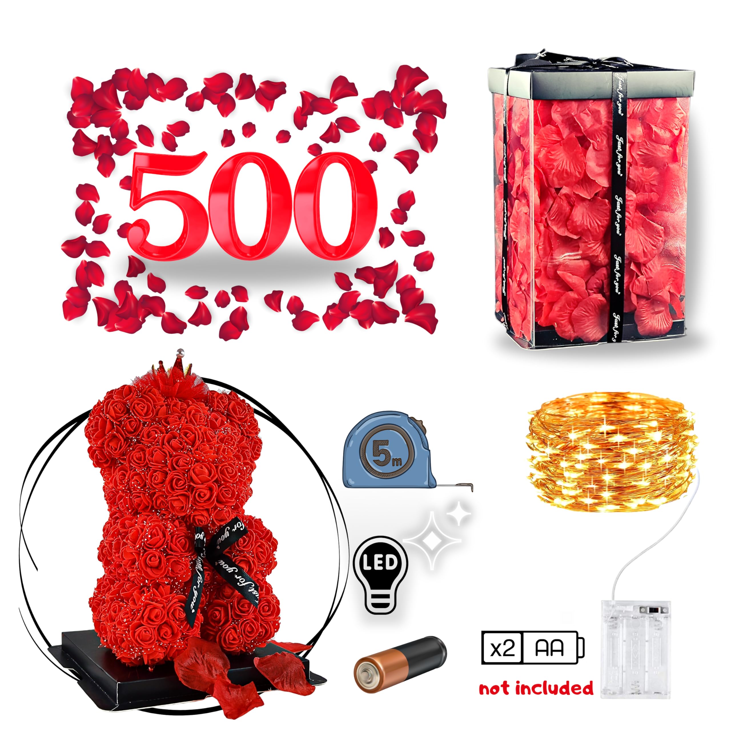 GRINADA Orso Di Rose 25 Cm Orsetto Di Rose Con 500 Petali Luci LED E Confezione Regalo Idea Regali San Valentino Per Lei