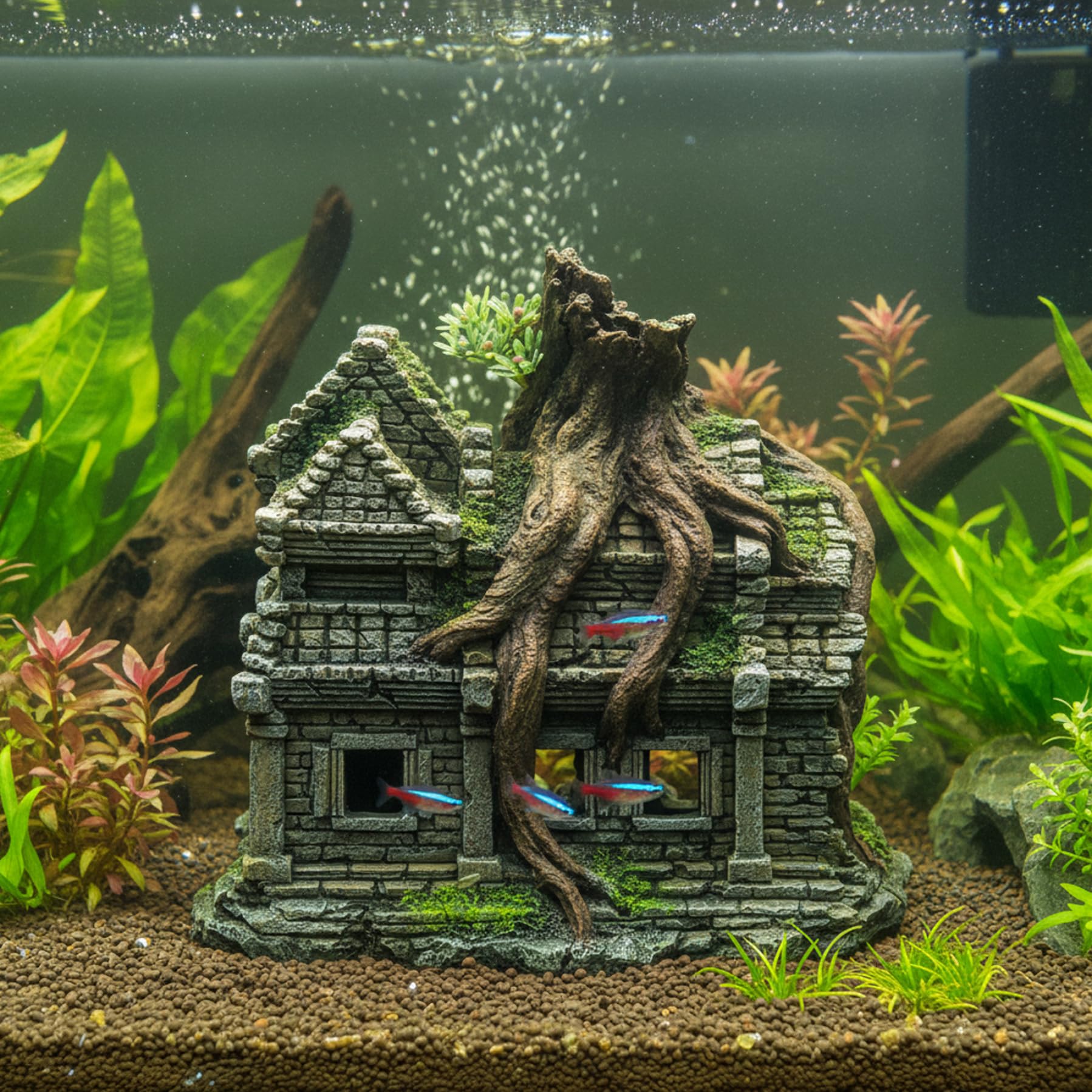 Decorazione per acquario di grandi dimensioni, ornamento realistico per acquario con castello ad arbusto con grotta, decorazioni in resina dipinte a mano per nascondere e giocare i gamberetti Betta