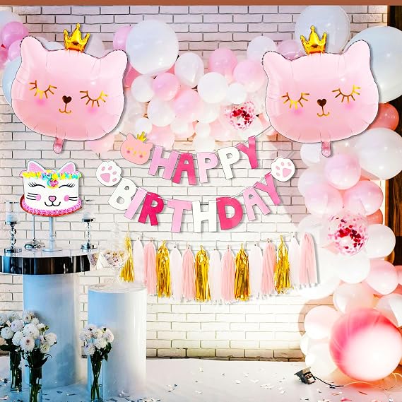 Pink Cat Birthday Party Decoration Cat Balloons | Cat Birthday MEOW Banner Meow Party Supplies Pink Cat Cake Decoration