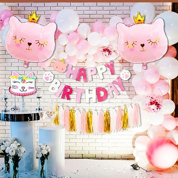 Pink Cat Birthday Party Decoration Cat Balloons | Cat Birthday MEOW Banner Meow Party Supplies Pink Cat Cake Decoration