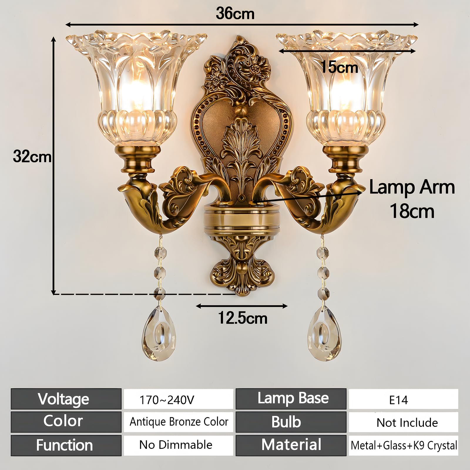 Lampe Murale Vintage Florale 2 Tête Verre Cristal Bronze Doré Applique Rétro Métal E14