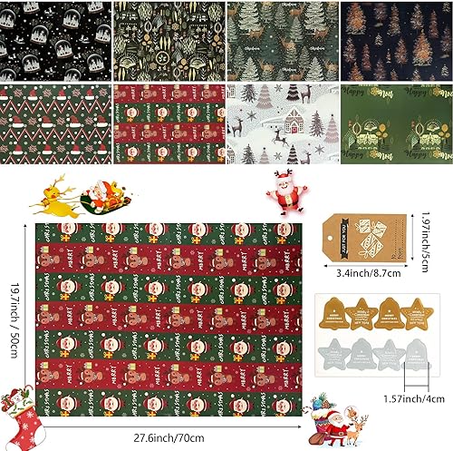 Miniatura 6 de Hojas de papel de regalo de Navidad, 8 hojas de papel de regalo de Navidad, papel de regalo de estraza verde azul marino con etiquetas adhesivas,