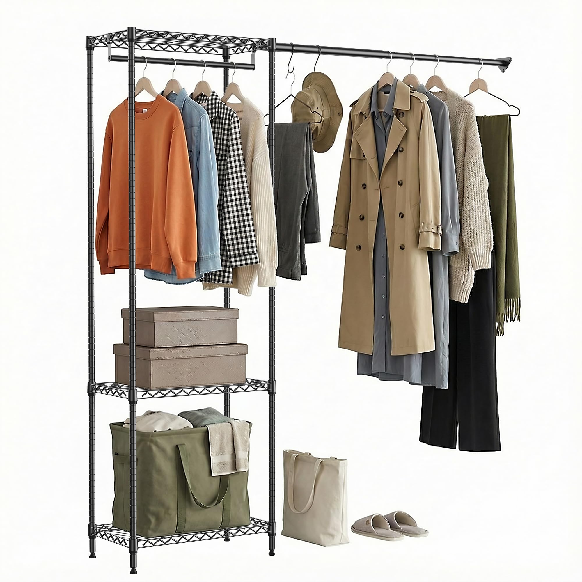 MZG Closet Organizer System, Freestanding Closet Storage System with Expandable Hanging Rod & Wire Shelves, No-Drill Closet Kit for Small Spaces, Bedroom & Apartment (13.8"D x 63.3"W x 82.4"H)