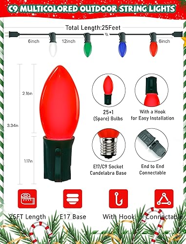 Miniatura 2 de Cadena de luces para exteriores de 25 pies, luces verdes con 25 bombillas y 1 de repuesto, bombillas LED C9 de 0.6 W, carcasa de plástico a prueba