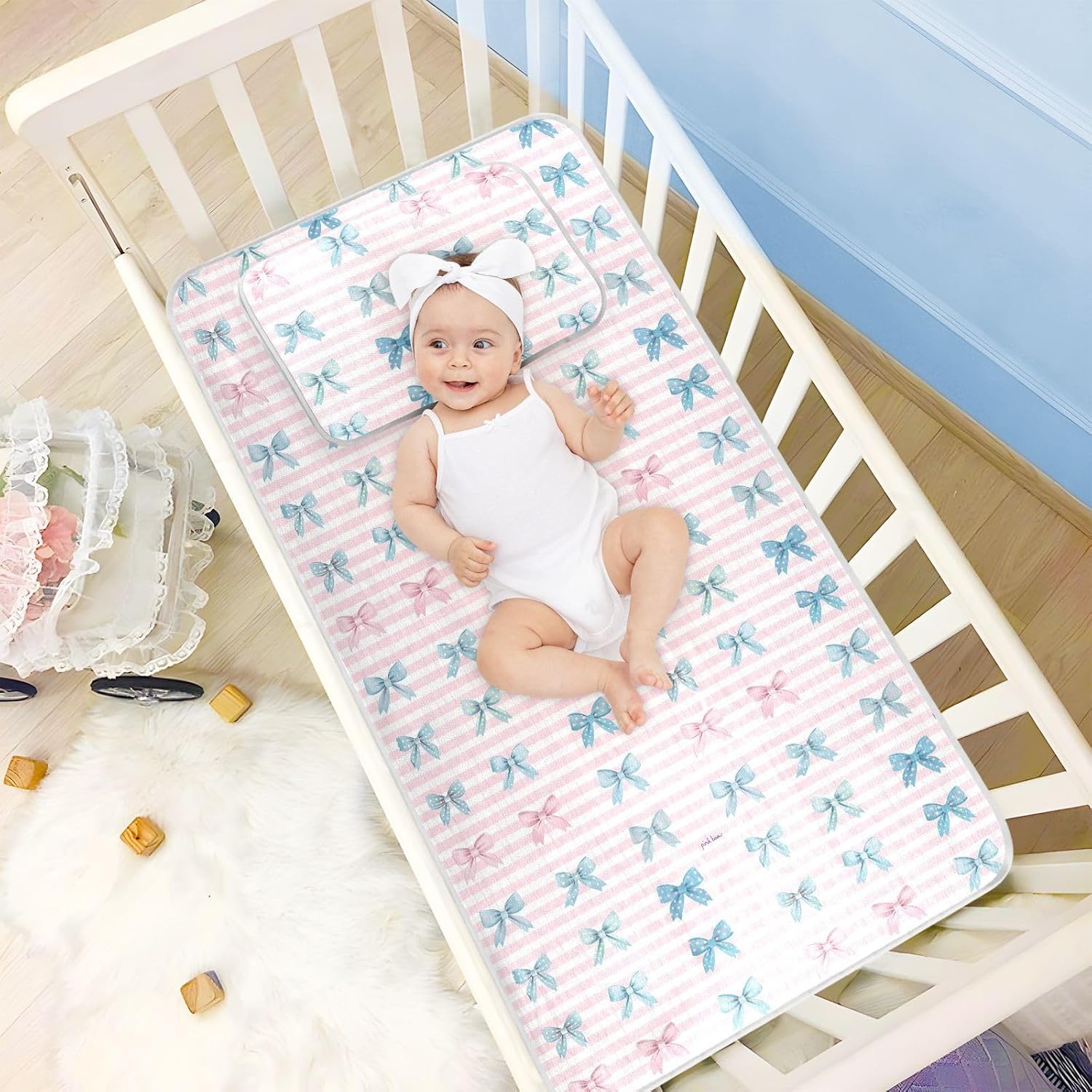 Cooling Baby Mattress Protector Pads 28" x 52" Absorbent Bed Pads for Kids for Baby&Toddler Blush Plaid Blue Bow